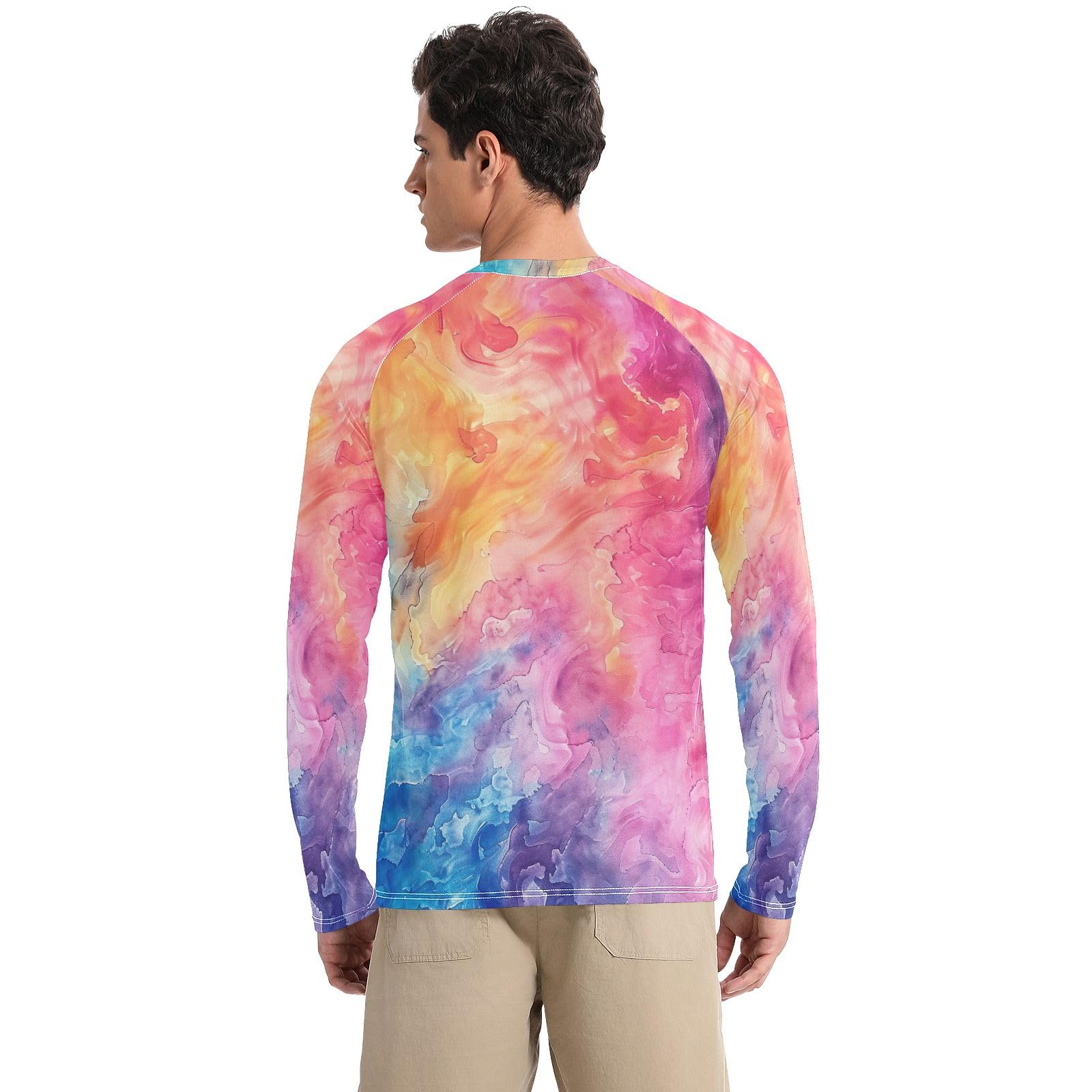 Mens UPF 50+ Sun Protection Rash Guard for Men Quick Dry Rash Guard Men Long Sleeve Beach T-Shirts, Colorful Tie Dye, Small
