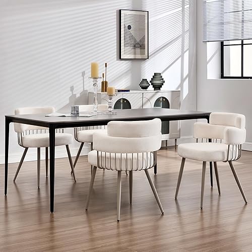 Miniatura 3 de Juego de 4 sillas de comedor modernas, sillas de cocina tapizadas de tela de mediados de siglo con patas de metal, cómoda silla de acento con