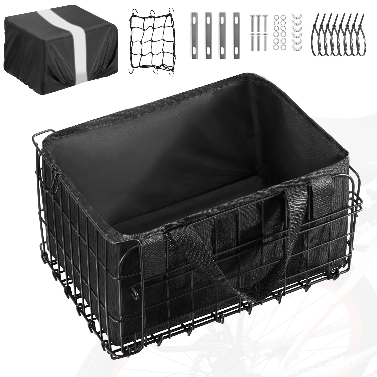 ONZILLO Bike Basket Rear, Bicycle Basket Foldable with Rainproof Cover and Removable Liner Bag, Metal Electric Basket for Adult Women Men Carrying