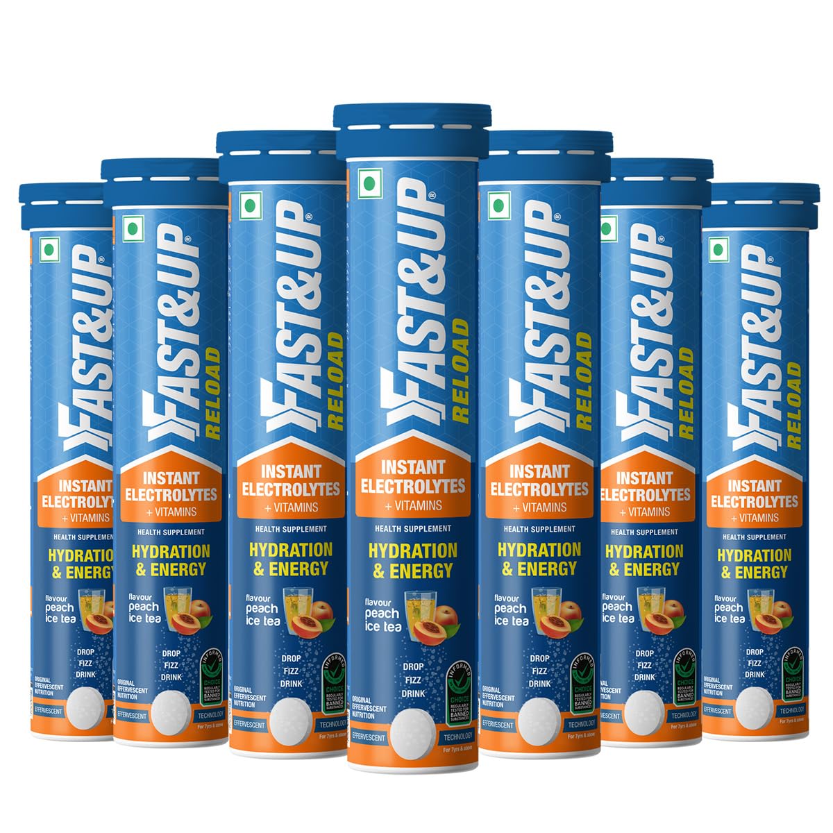 Fast&Up Reload Instant Hydration and Energy Drink - 140 Effervescent Tablets with all 5 Essential Electrolytes + Low Sugar and Added Vitamins - Certified Electrolytes Drink - Peach Ice Tea flavour