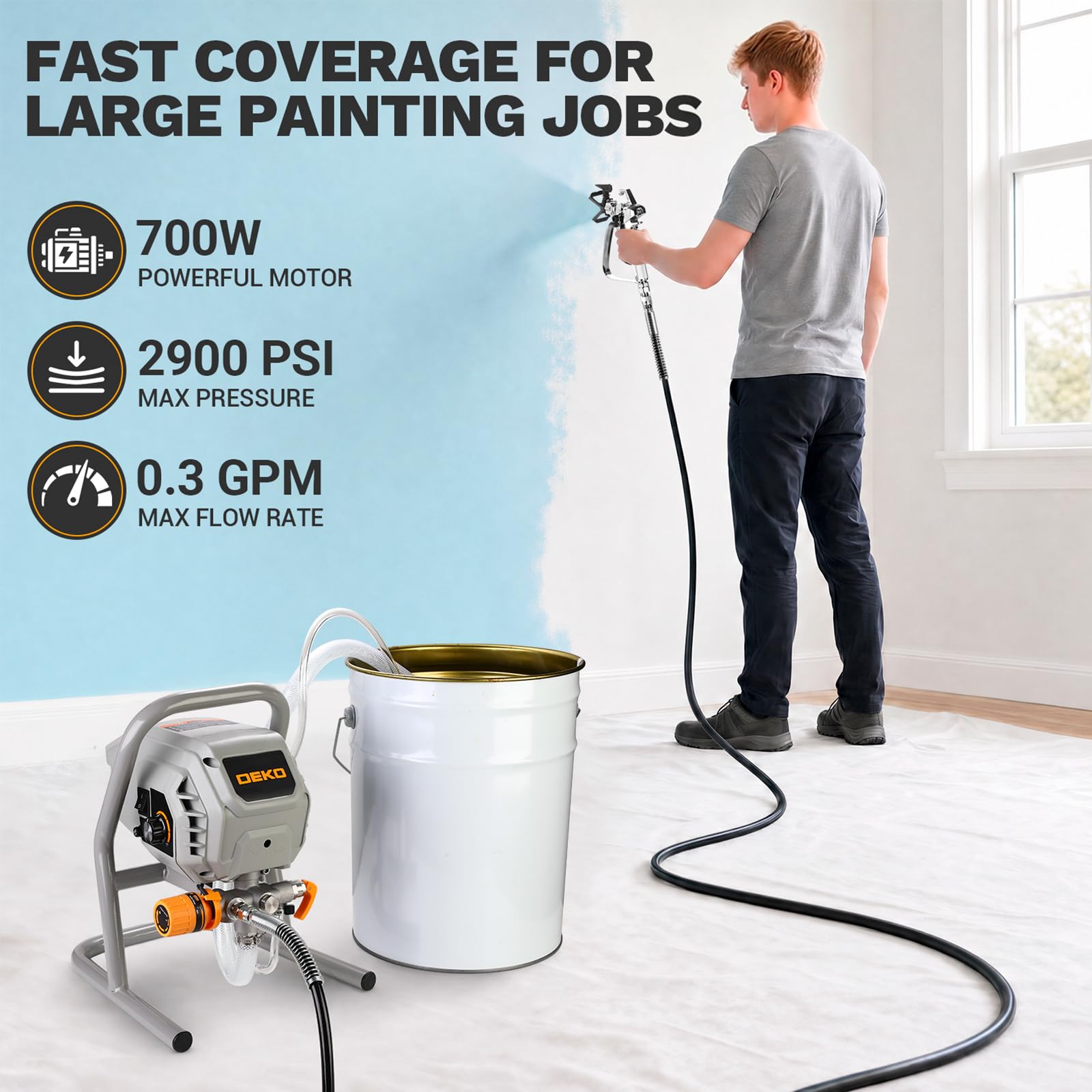 DEKO Pulverizador de Pintura 700 W: Equipo de pulverización sin Aire. Pistola eléctrica sin Aire de 1,2 l/min. Presión máxima de 2900 PSI. Incluye una Manguera de 7,5 Metros