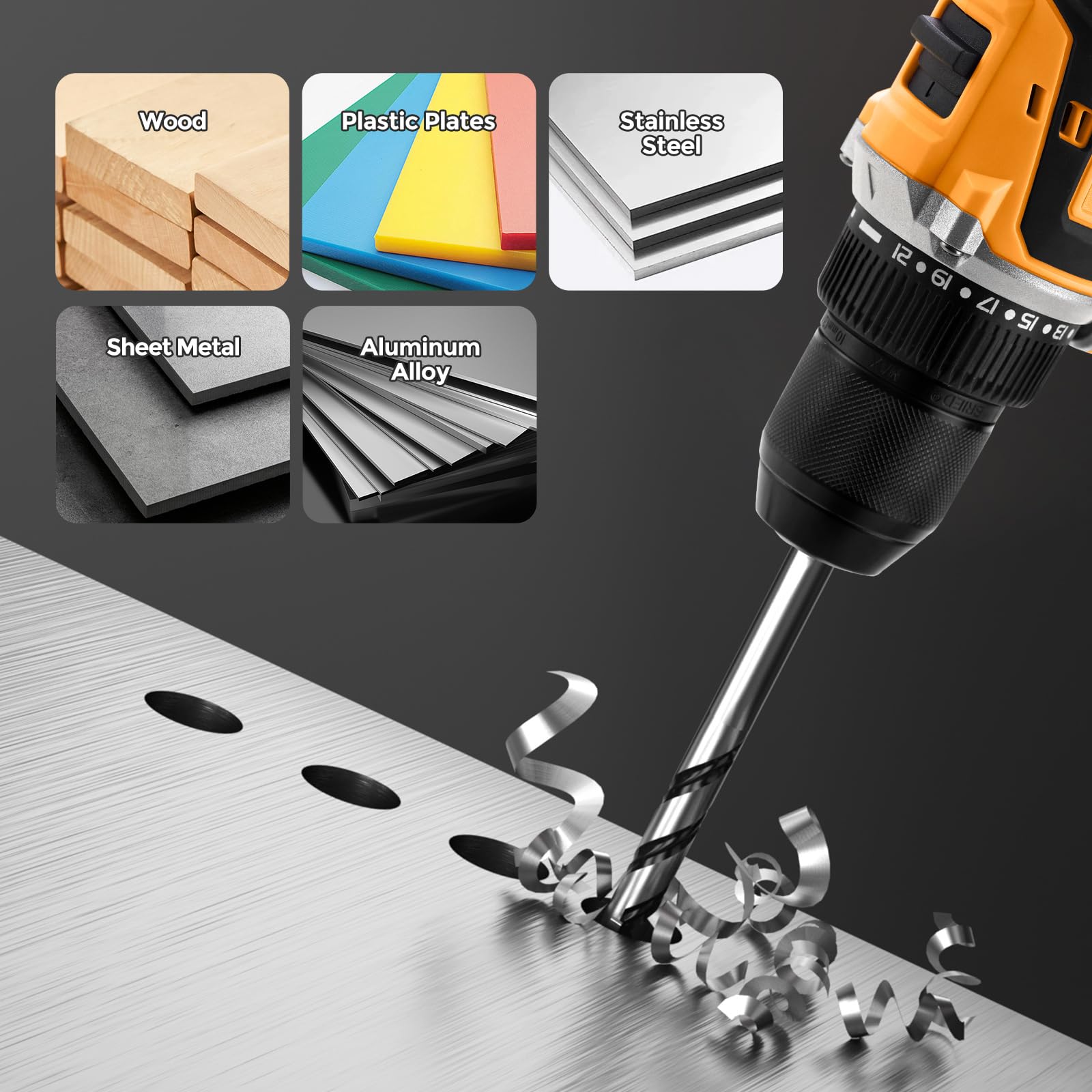 Kit trapano e cacciavite senza fili da 20 V con 2 batterie, coppia massima 40 Nm, cambio a 2 velocità, mandrino senza chiave da 3/8" e luce a LED per progetti fai da te domestici, set di trapano senza