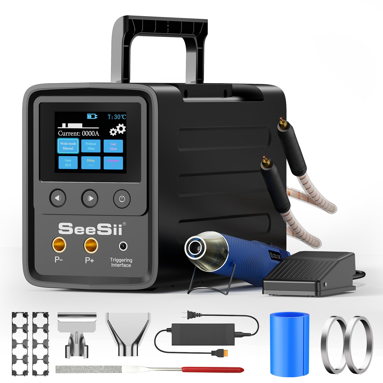 SEESII Saldatrice a punti per batterie con condensatori: saldatrice a batteria 10080W con kit di pistole ad aria calda, saldatrice a punti per strisce nichelate da 0,1-0,5 mm, cambio 999 per batterie