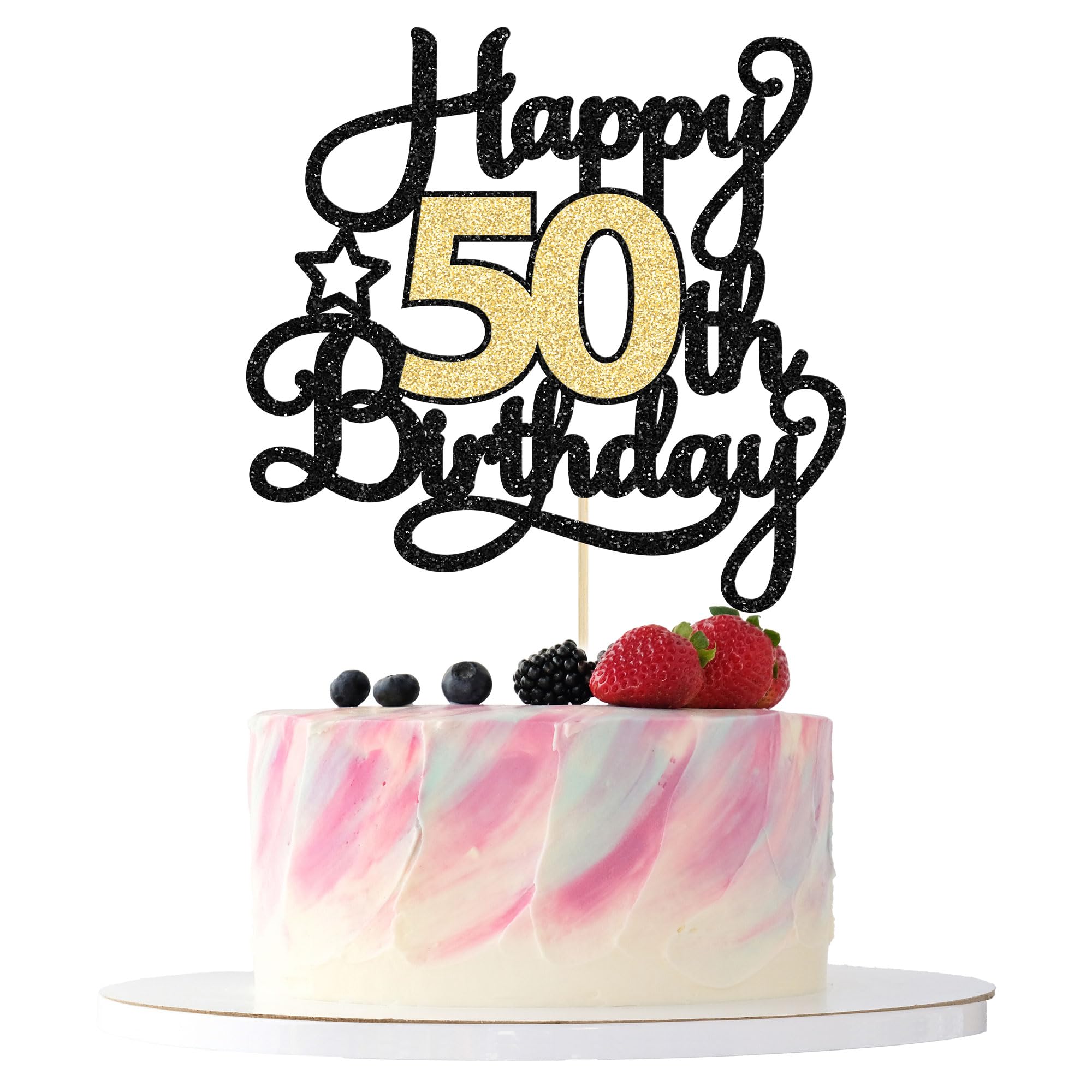 Ephlyn Happy 50th Birthday Cake Topper, 1Pc Black Gold Glitter, 5.9x8.7in, Paper, for Anniversary, Birthday Party Supplies