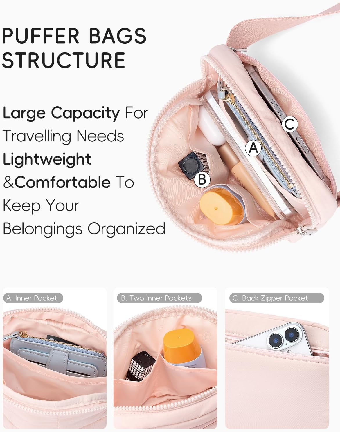 WESTBRONCO Puffer Fanny Packs for Women Quilted Nylon Waterproof Belt Bag with 2 Zipper, Puffy Crossbody Bag with Adjustable Strap, 1L Waist Bag for Travel Daily - Image 3