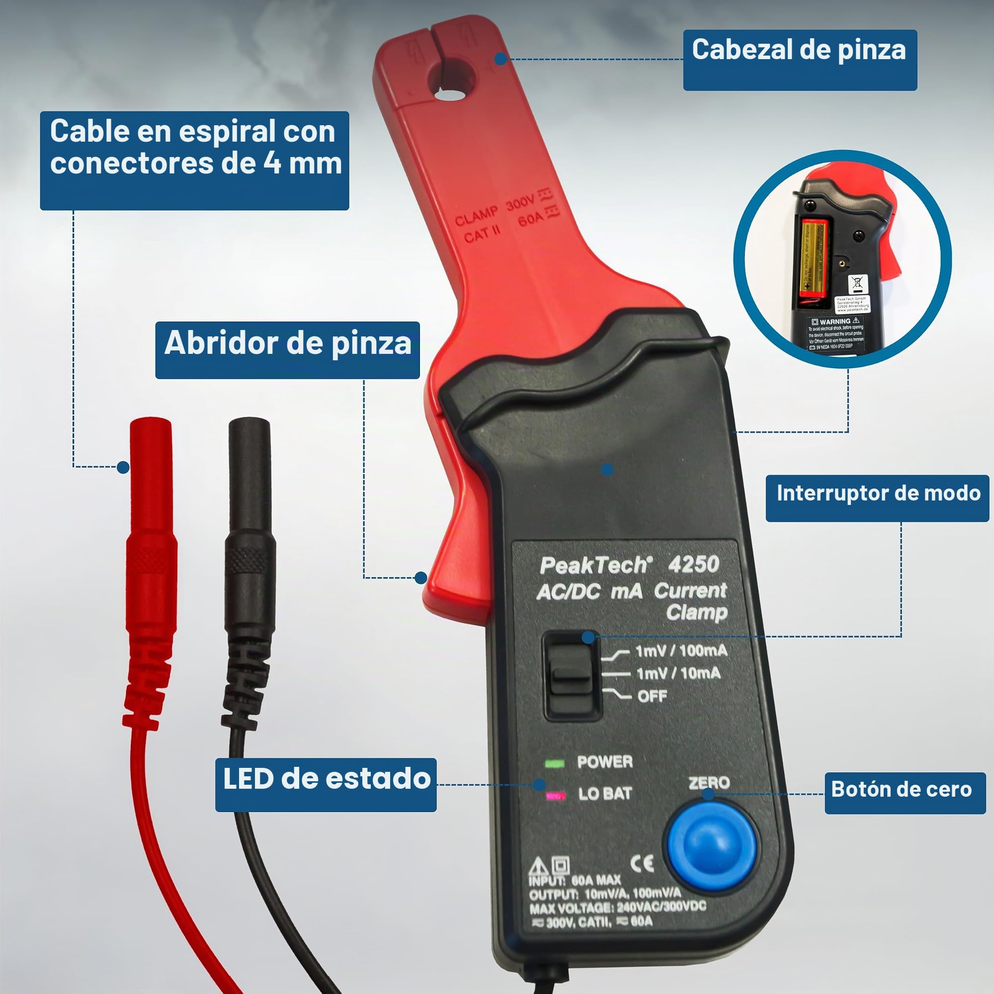 PeakTech, P 4250 Adaptador de pinza amperimétrica para multímetro AC/DC con clavijas de 4 mm Ajuste del punto cero para amperometría de corriente continua, medición de corriente