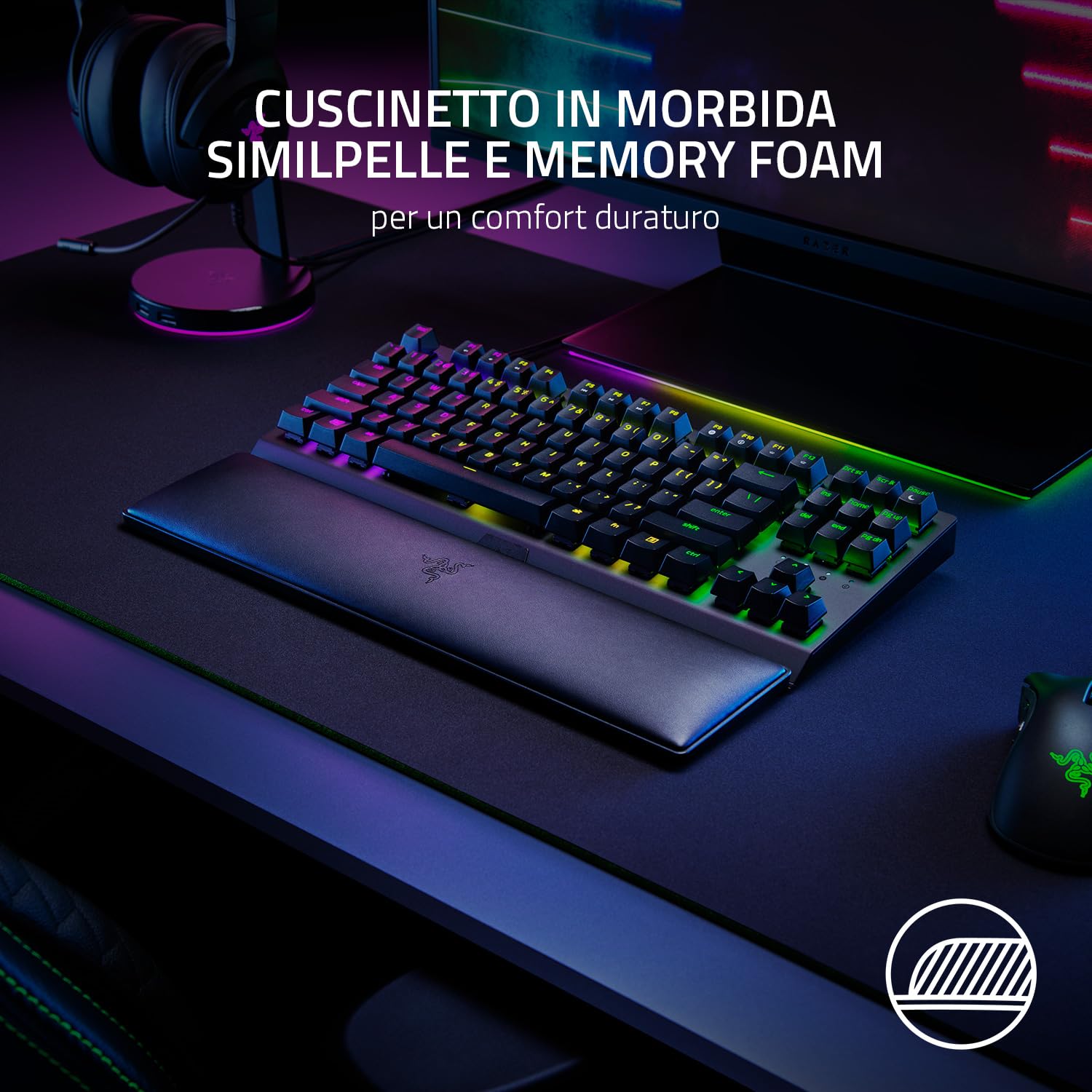 Razer poggiapolsi ergonomico (Tenkeyless) - Per tastiere tenkeyless con cuscino in similpelle in memory foam (piedini in gomma antiscivolo, design ergonomico) Nero