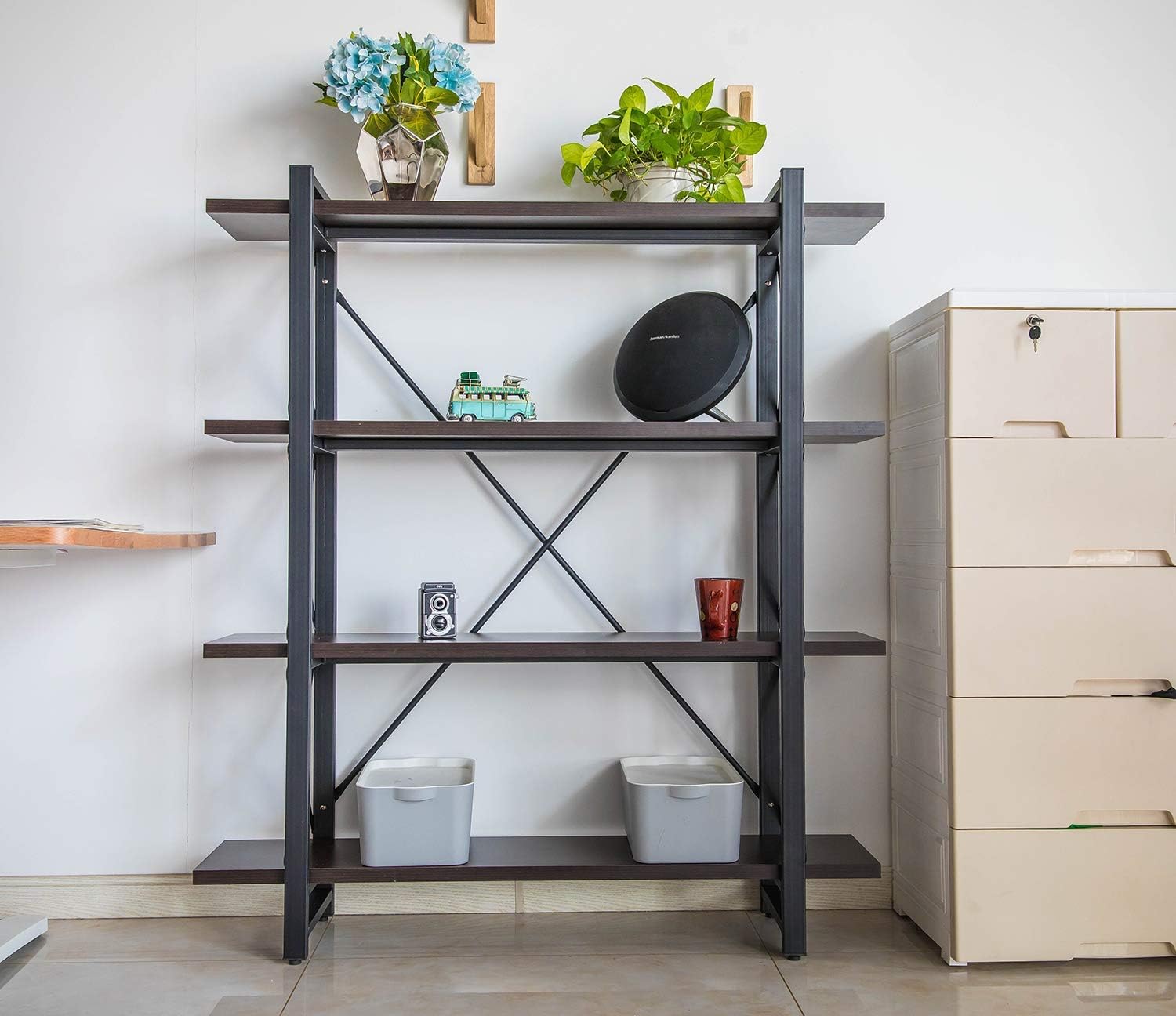 Grace Tech 4 Tier Industrial Bookshelf Wood and Metal Bookcase Furniture, Black