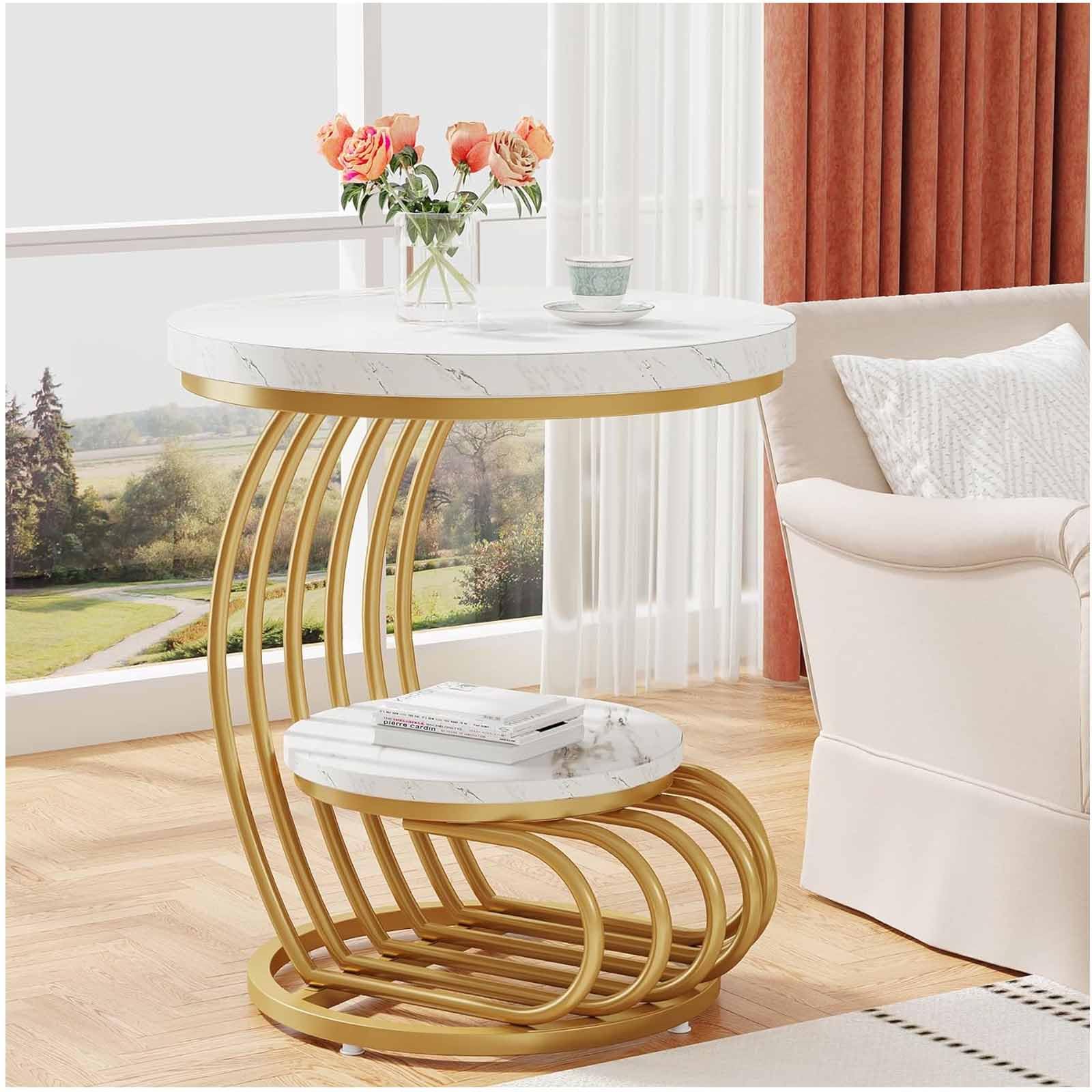SXZenSpace Gold Round End Table, 2 Tiers Faux Marble Side Table with Storage Shelf, Modern White Bedside Nightstand, Metal Arc-Shaped Frame Accent for Living Room, Bedroom