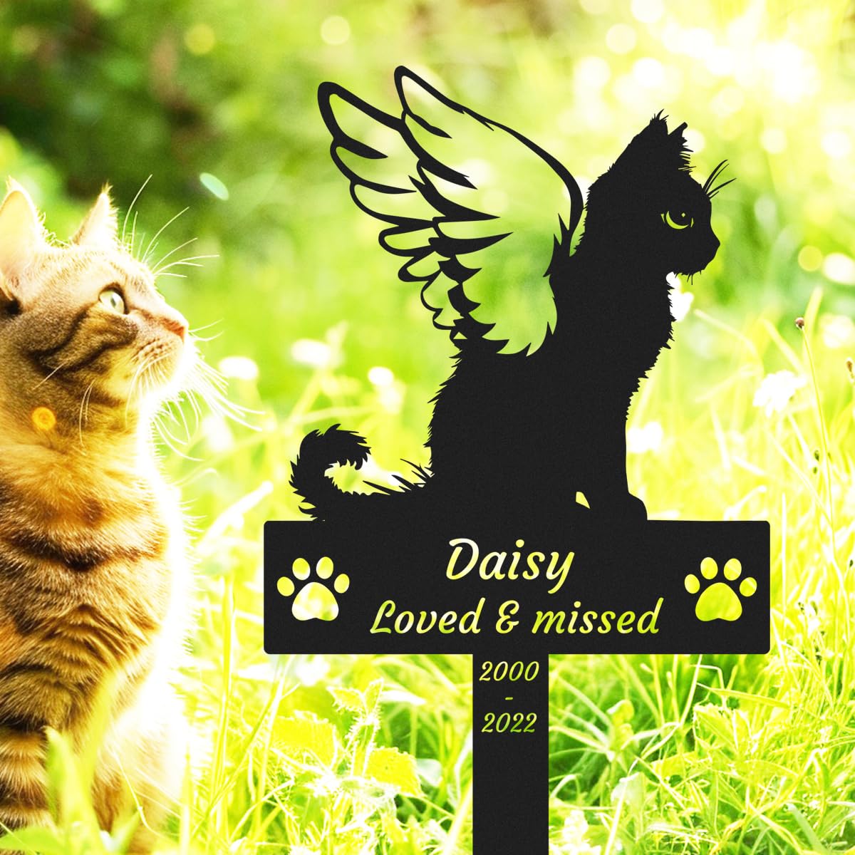 AdtHYUxq Personalized Cat Memorial Grave Marker, Custom Cat with Wings Memorial Cross Stake Pet Loss Memorial Plaque Outdoor, Personalised Cat Memorial Garden Stake Cemetery Yard Decorations