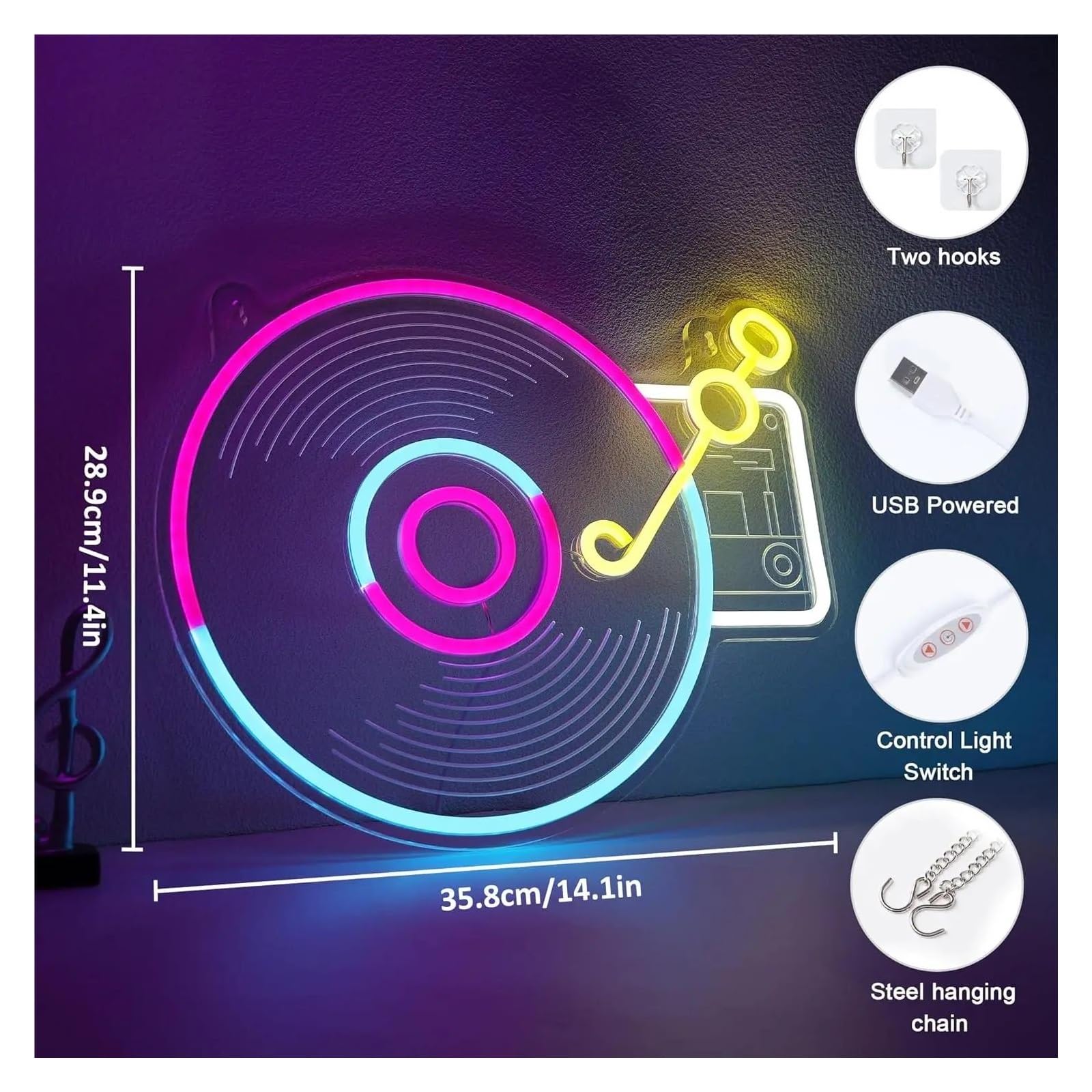 Wiszące neony artystyczne Neonowa Tablica Z Gramofonem USB, Ściemnialna, Dekoracja Ścienna Do Pokoju Gier, Sypialni, Sklepu, Baru, Imprezy, 35.8x28.9cm