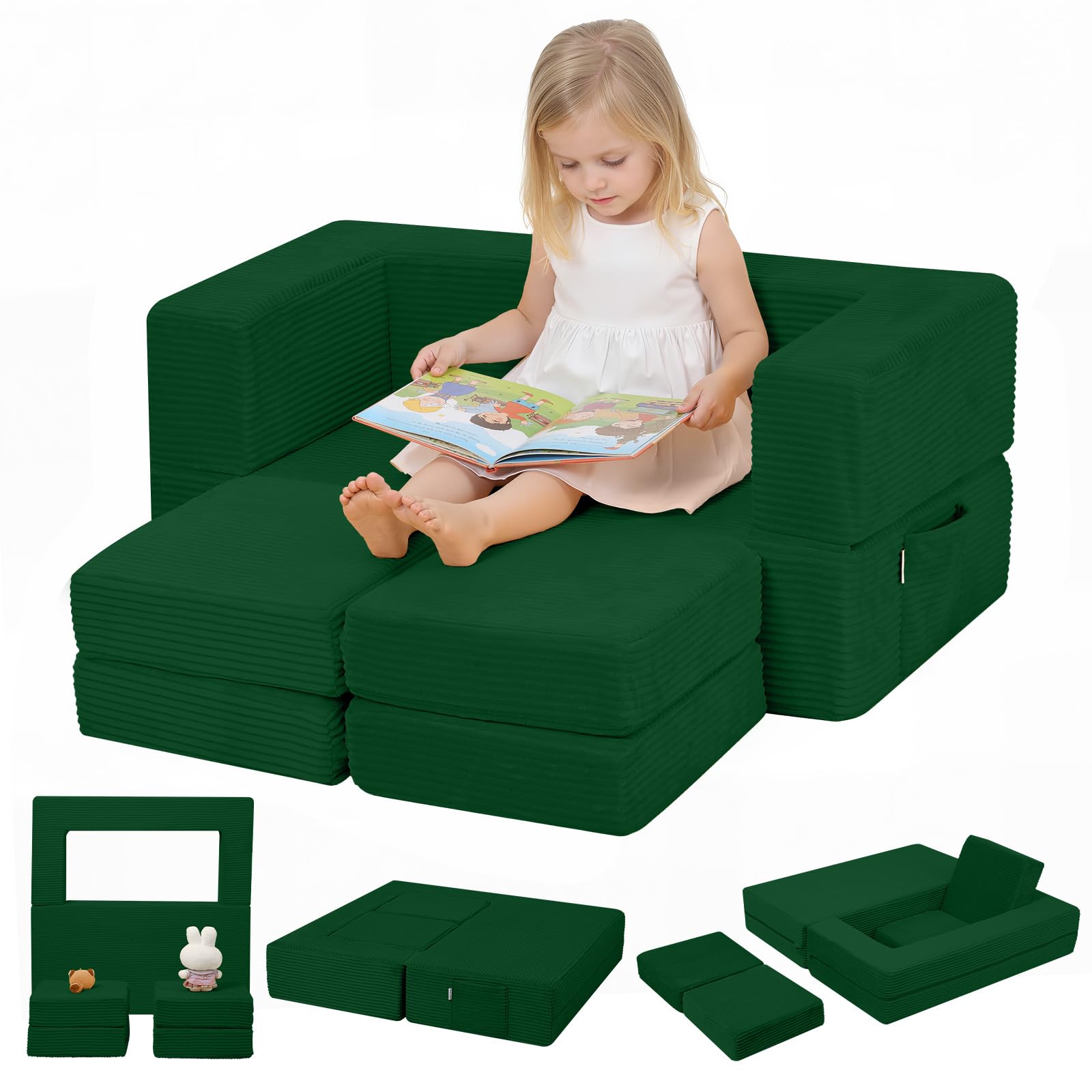 MeMoreCool Kids Convertible Sofa Bed, Toddler Chair Couch, Green