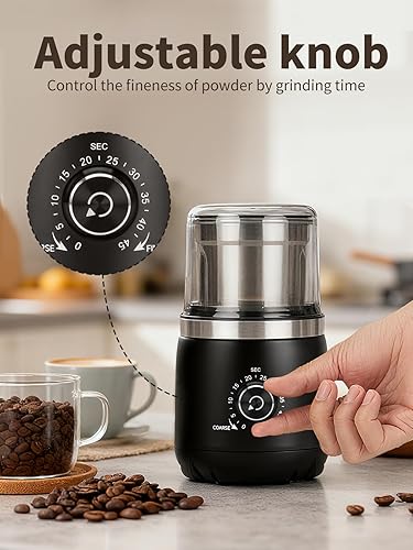 Miniatura 2 de Molinillo de café eléctrico con cuchillas silenciosas y perilla de temporizador para ajustar de grueso a fino, molinillo de café expreso con cuenco