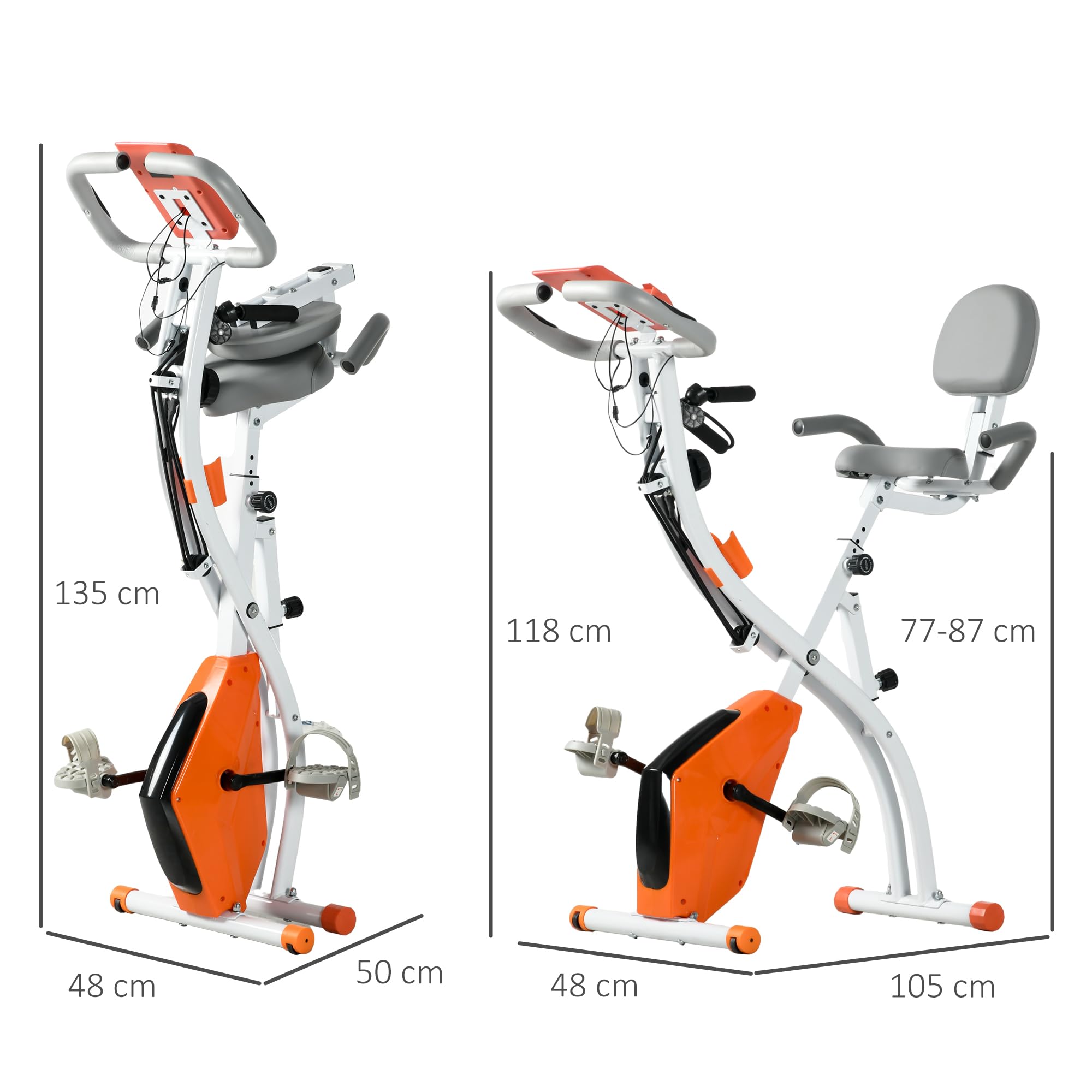 HOMCOM Cyclette Pieghevole 2 in 1, Resistenza Magnetica Regolabile 8 Livelli, Cyclette da Casa Silenziosa con Sensore Cardiaco, Sedile Regolabile, Bande Elastici, Schermo LCD, Ruote