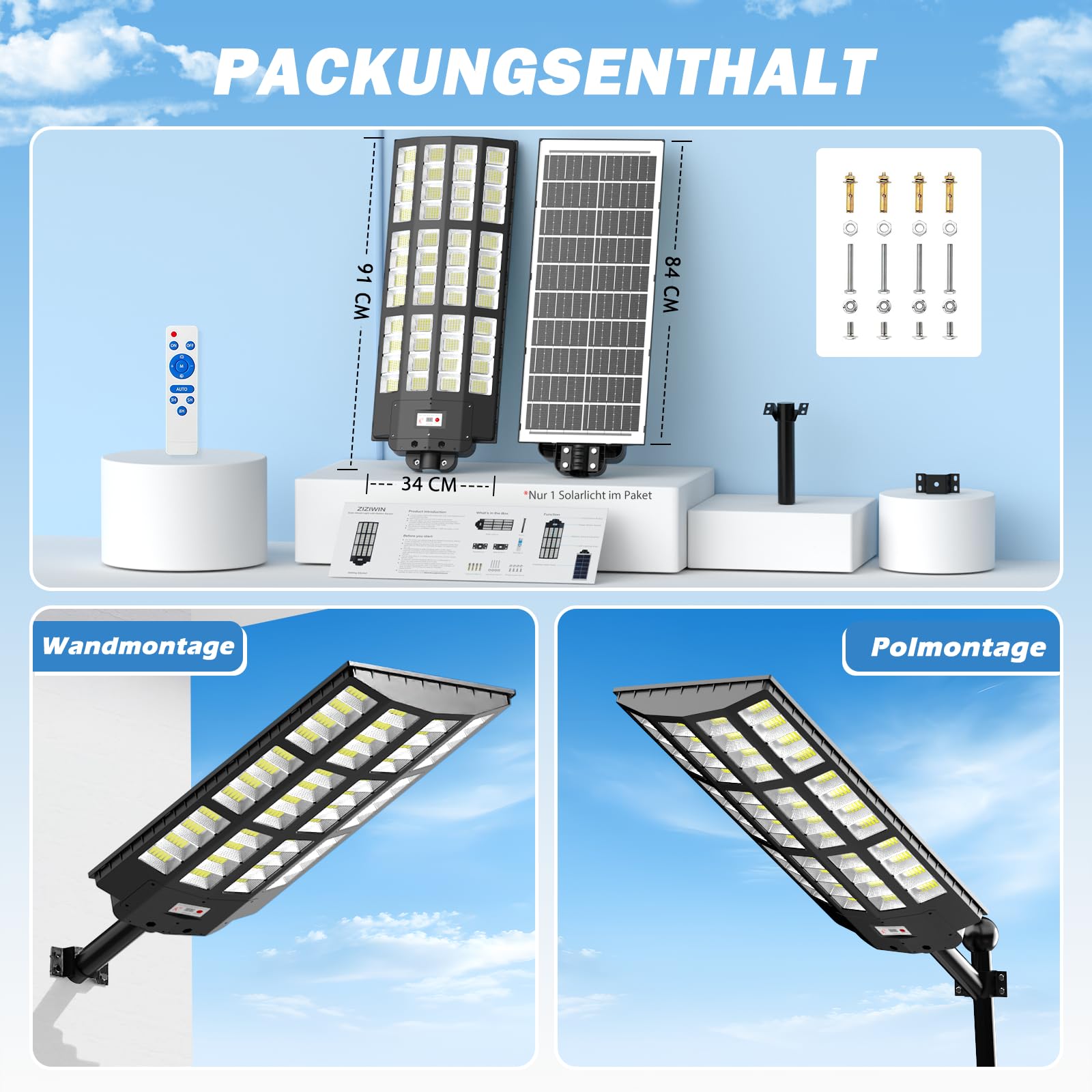 Große Solar Straßenlaterne für Außen, IP67 Wasserdichte Solarlampen mit Bewegungsmelder, 7000K Große Solarleuchten für Außen mit Fernbedienung, Solar Wegeleuchte für Garten Parkplatz Straßen