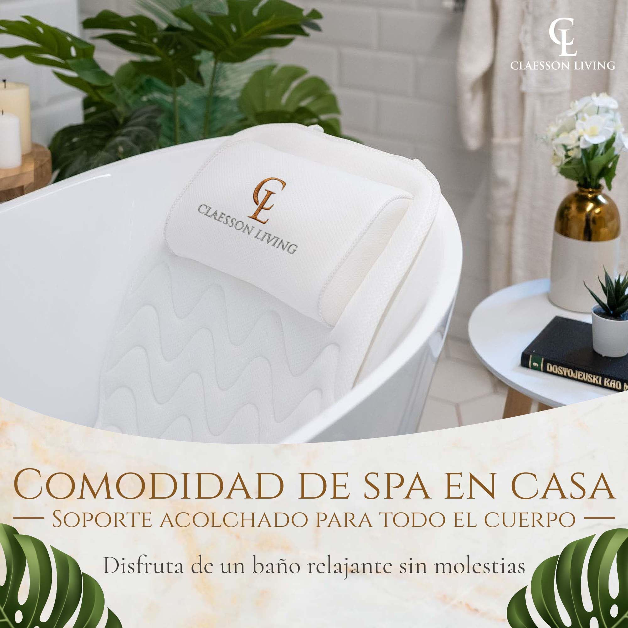 Cojin bañera (125x43cm) - Almohada bañera con apoyacabezas y Soportes para el Cuello, Espalda y piernas – Incluye: Bath Pillow, Bolsas de Lavado y de Viaje, Ganchos para Secado rápido sobre Blanco