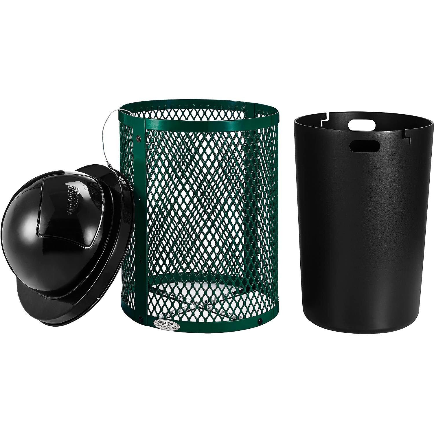 Global Industrial 36 Gallon Outdoor Commercial Trash Can with Dome Lid, Plastic Liner and Anchor Kit Included, 23-1/2" Diameter x 40" H, Powder Coated Steel, Unassembled, Green
