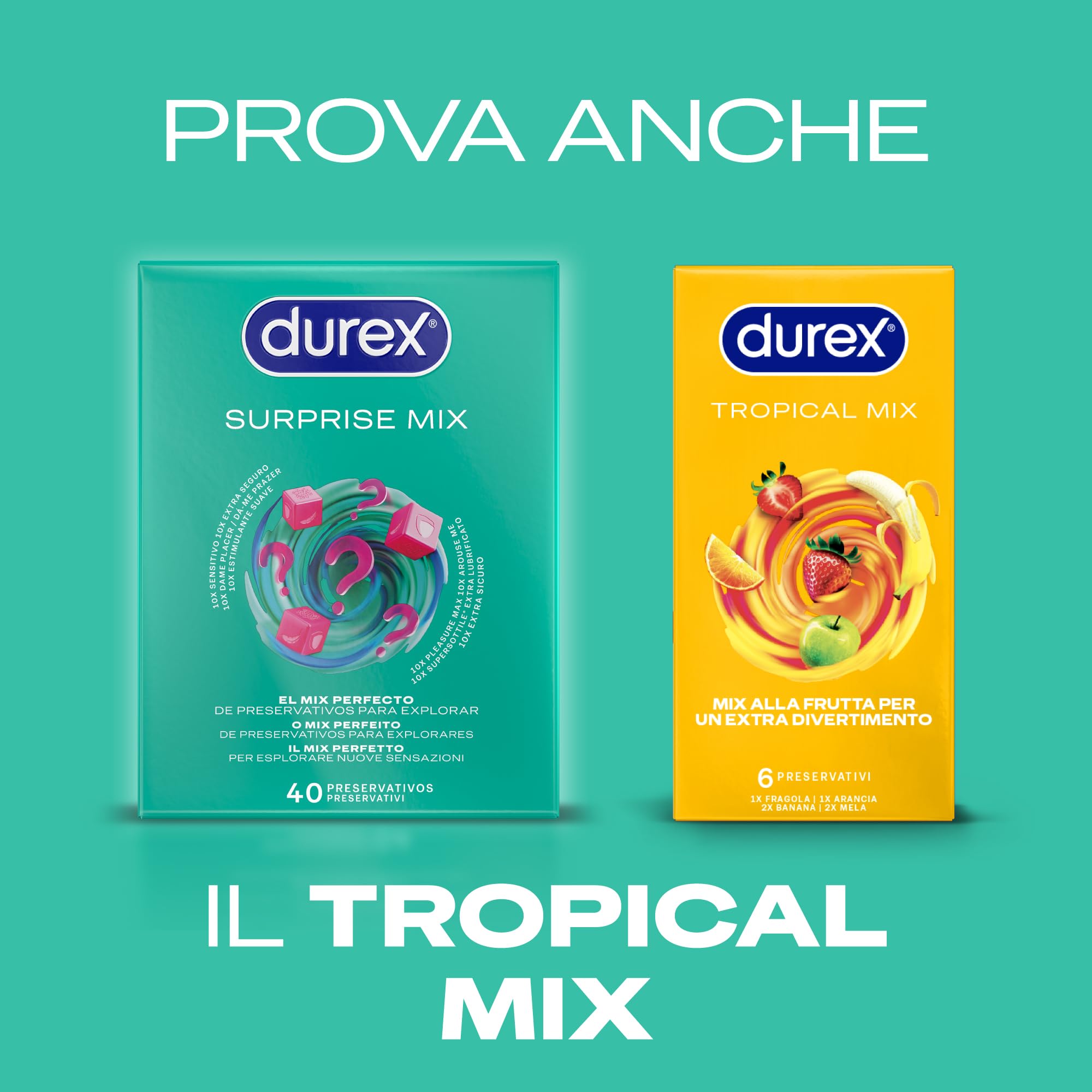 Durex Surprise Mix, Preservativi Assortiti, Profilattici Sottili e con Rilievi e Nervature, 40 Profilattici, Solo Online