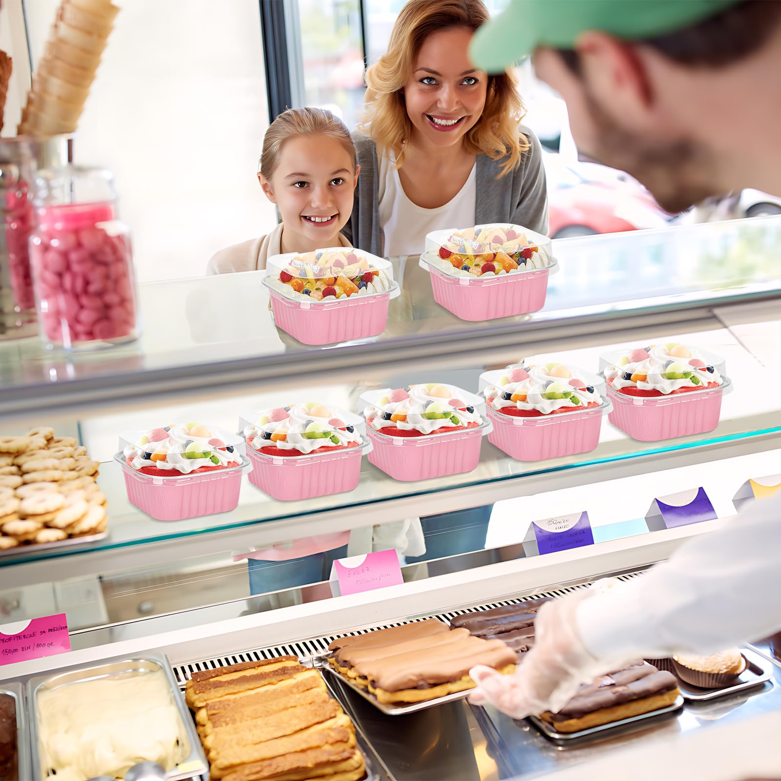 Mini-Kuchenformen mit Deckel und Löffeln, 142 ml, quadratische Aluminiumfolie, Kastenformen, Rosa, kleine Kuchenformen, Einweg-Backformen, Dessert-Cupcake-Becher mit Schleifen-Aufklebern, für Hochzeit