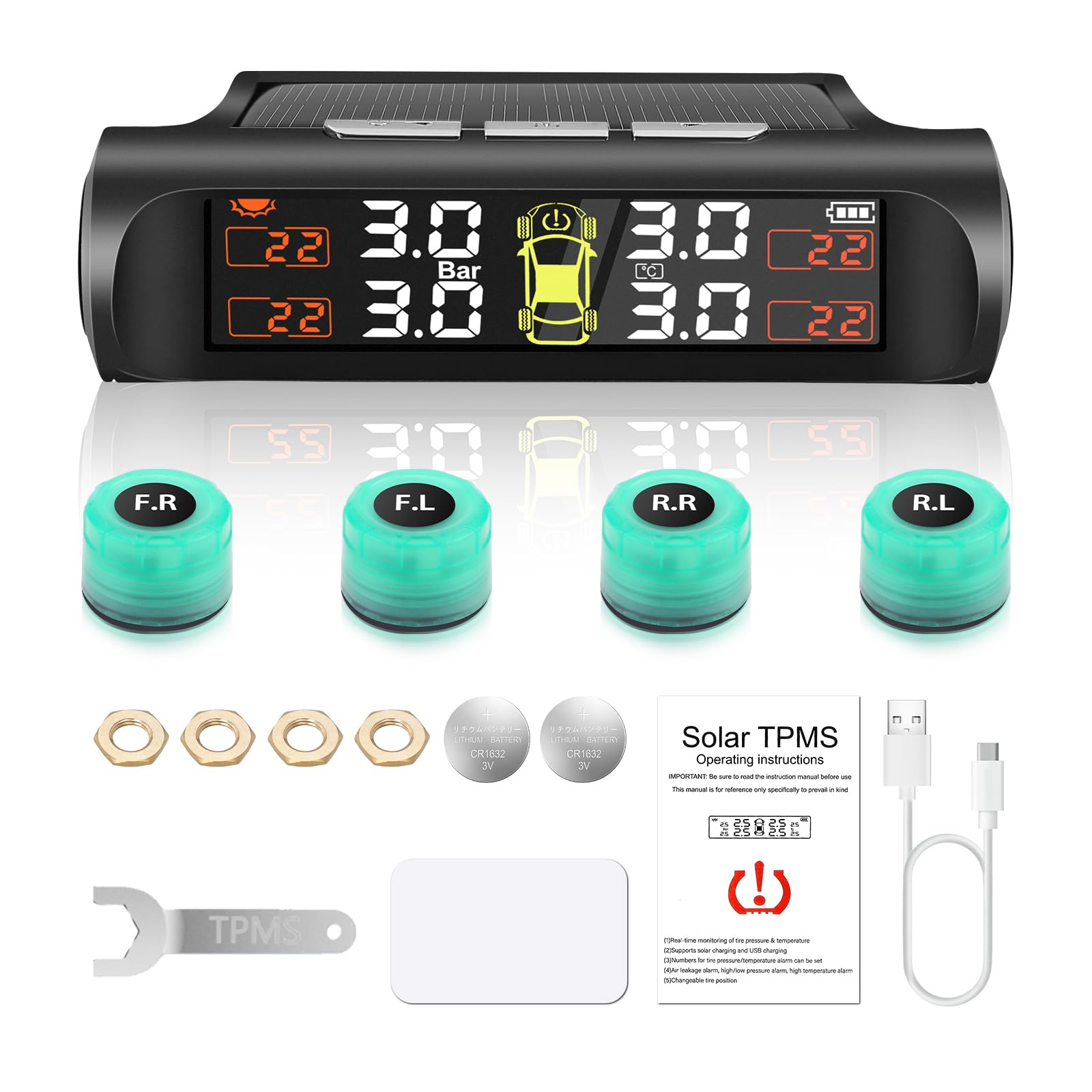 TPMS Sistema di controllo della pressione dei pneumatici 6 Bar, monitor della pressione dei pneumatici solare con sistema di allarme con 4 sensori illuminati per camion e camper