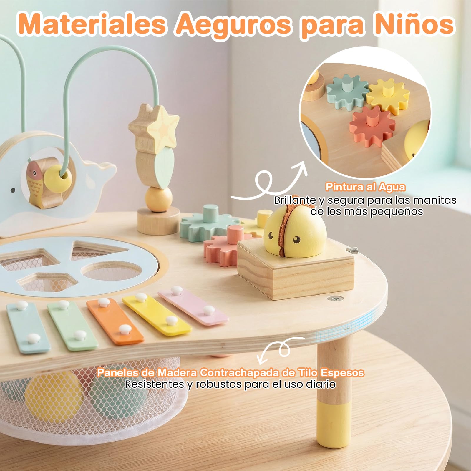 COSTWAY 7 en 1 Mesa de Actividades para Niños, Juguete Sensorial Montessori, Mesa de Juegos de Madera con Laberinto de Cuentas, Xilófono, Juguete Educativo para Bebe de 12+Meses