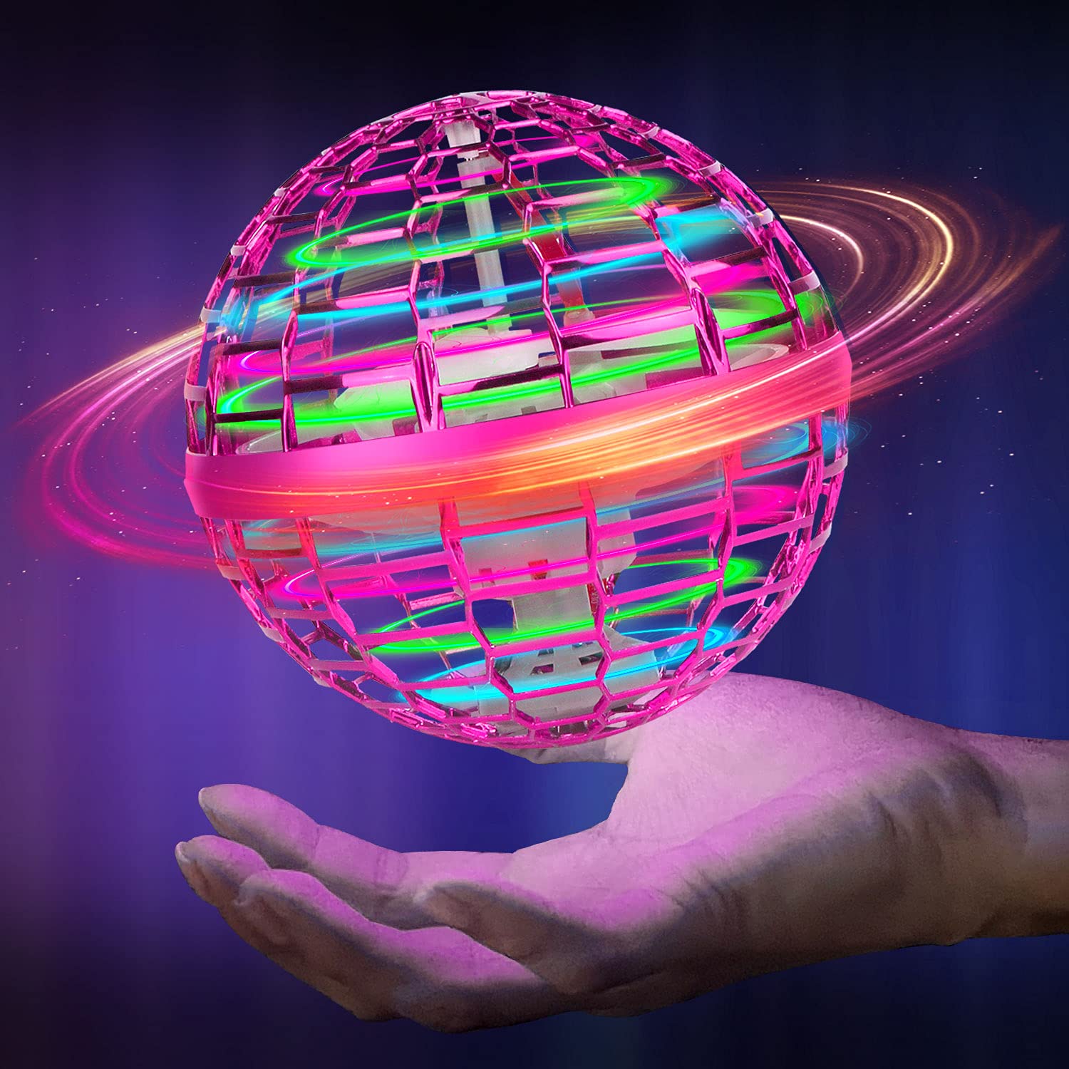 SZKSWJMagic Flying Orb Ball Toy - 2021 Upgraded Space Pro Cool with RGB Lights Spinning 360° Gifts for Kids Adults Outdoor Indoor Games, Mini Hover Boomerang UFO Drone(Pink)