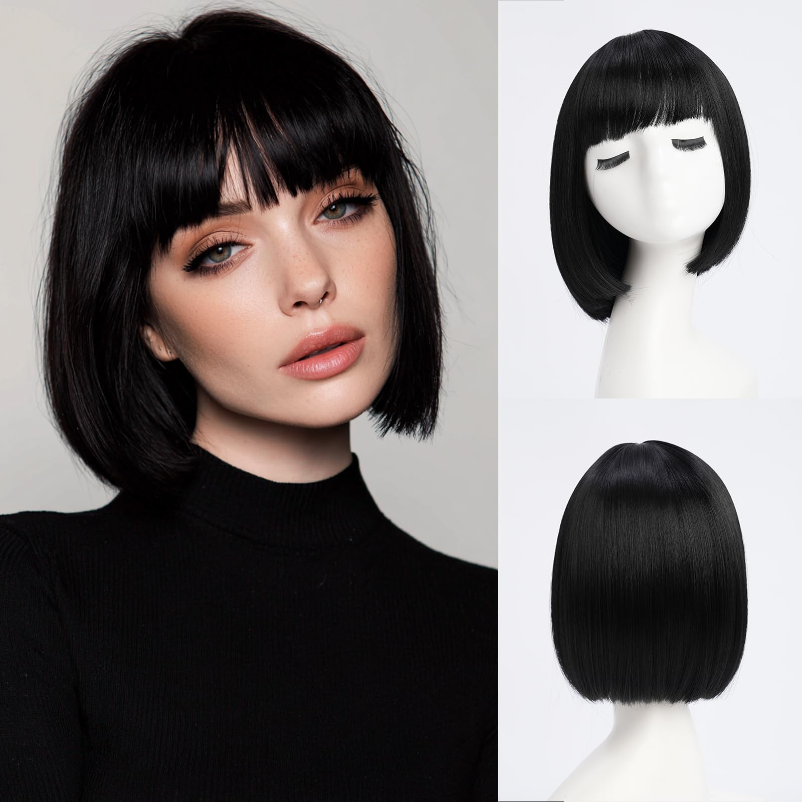 YaissmyLu Short Black Bob Wig with Bangs Black Straight Bob Wigs for Women Natural Looking Synthetic Hair Heat Resistant Fiber Colorful Wig for Costume Cosplay Party (10 inch)
