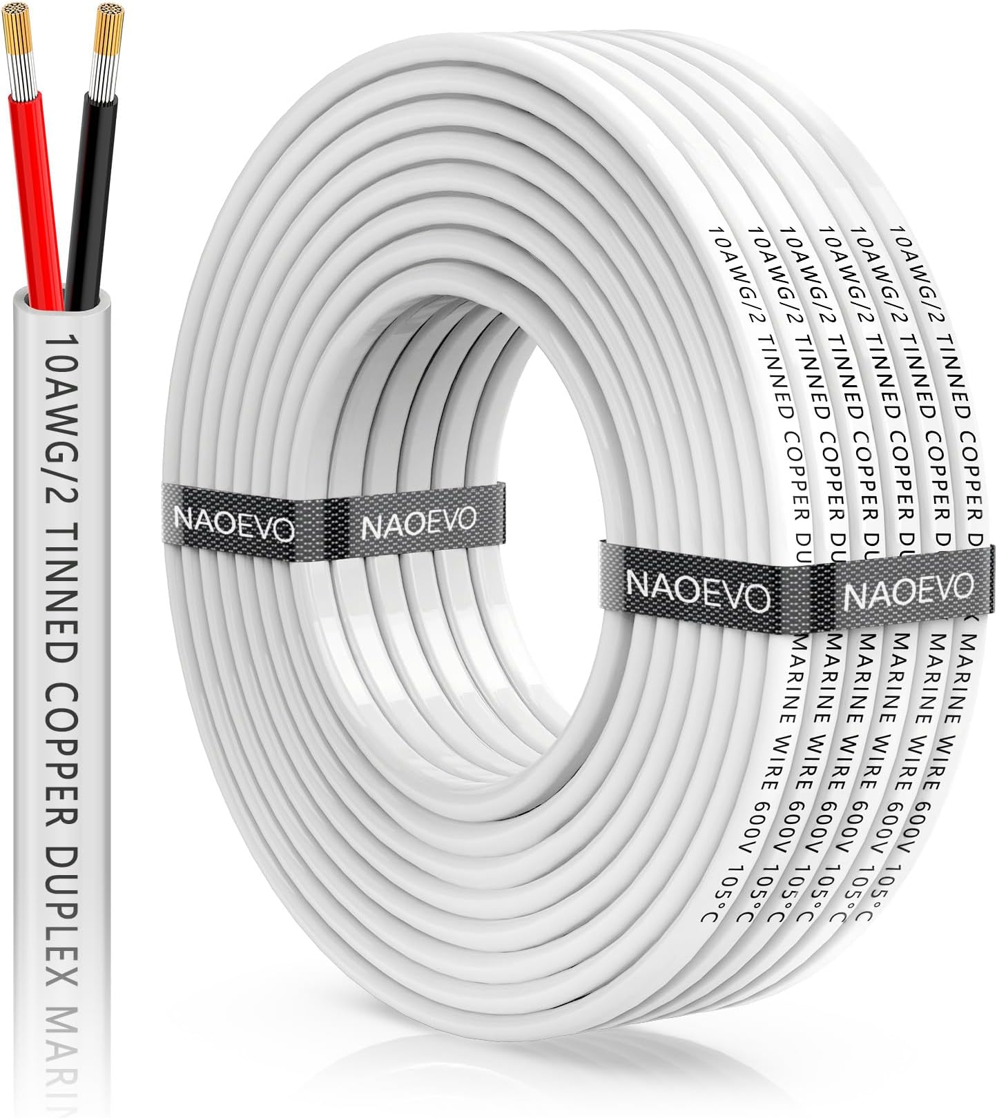 NAOEVO 10 Gauge Marine Wire Duplex, 10 AWG Stranded PVC Marine Electrical Wire, Waterproof/Corrosion Resistant/Tinned Copper Electrical Cable for Boat/Automotive/RV/Solar (30FT)