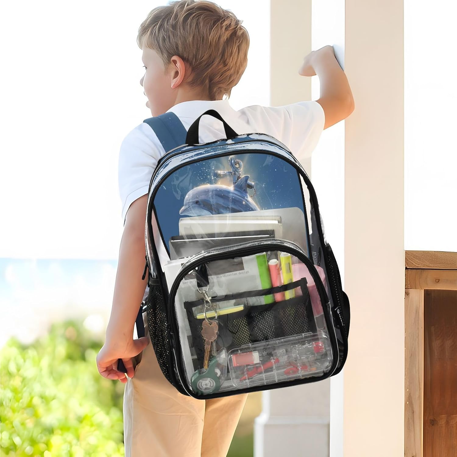 Dolphin Anchor Ocean Sea Clear Backpack Heavy Duty See Through Transparent PVC BookBag for Kids Boy Girl School Work