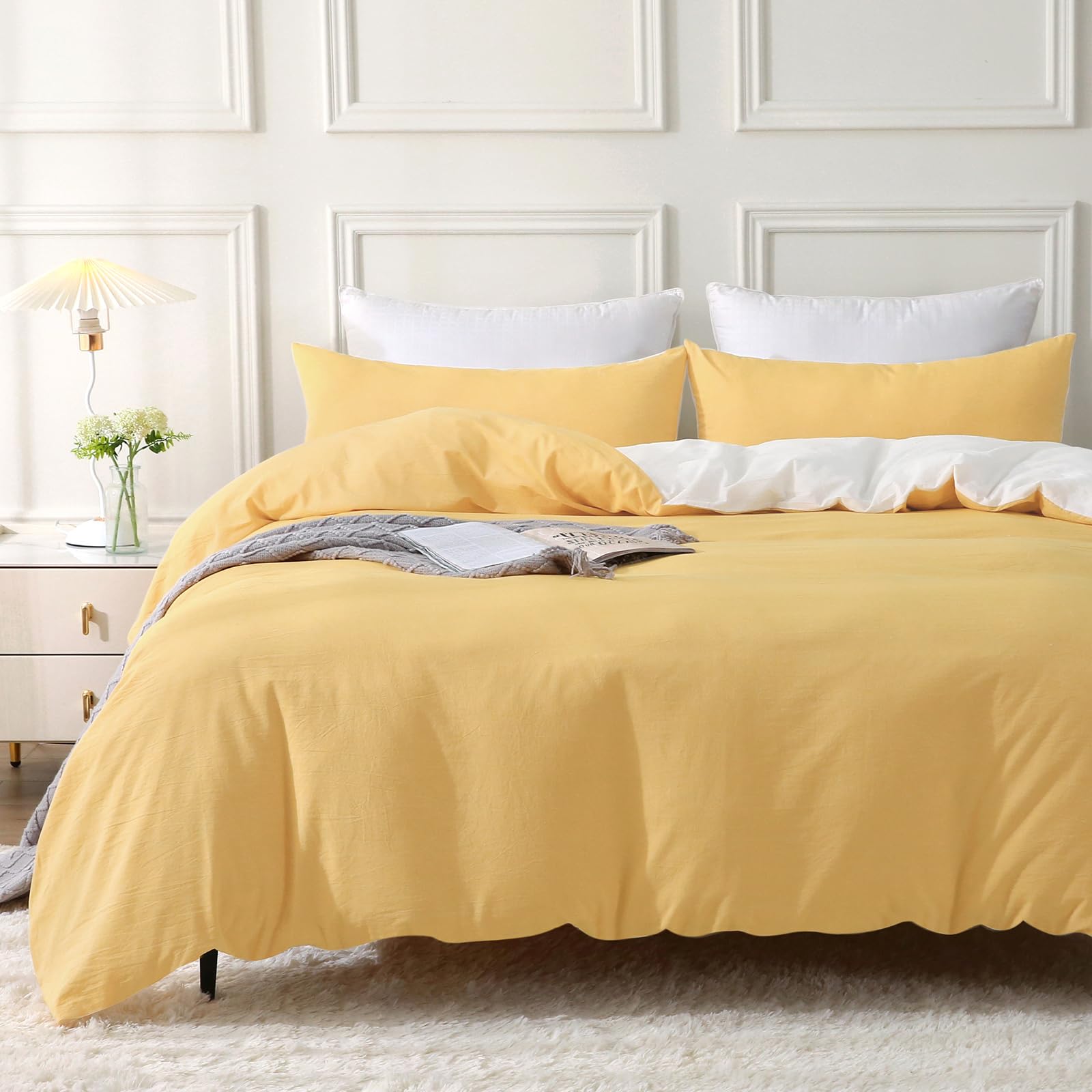 MILDLY Copripiumino 220 x 240 cm, 100% cotone lavato, certificato Oeko-TEX, set copripiumino giallo con chiusura lampo, biancheria da letto matrimoniale 220 x 240 cm, adulto con 2 federe 65 x 65 cm