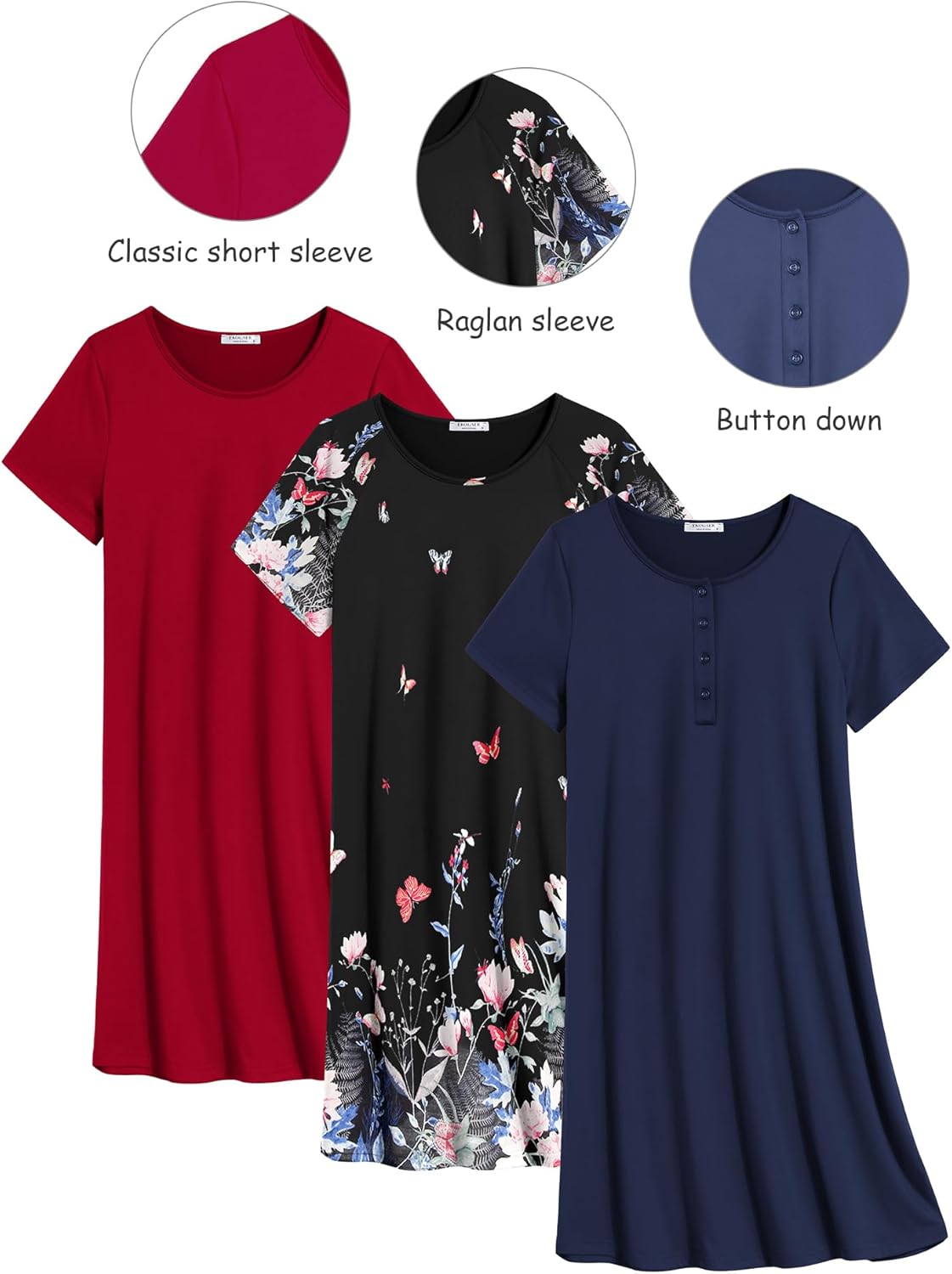 Ekouaer 3 Pack Nightgowns for Women Short Sleeve Sleepshirt Button Down Nightshirt Soft Pajamas Dress Casual Sleepwear - Image 7