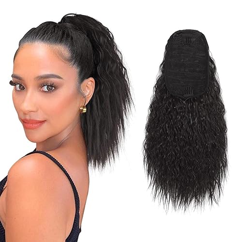 Extensiones de cabello ondulado con cordón de 14 pulgadas, extensiones de cola de caballo rizadas para mujeres negras, extensiones de cabello