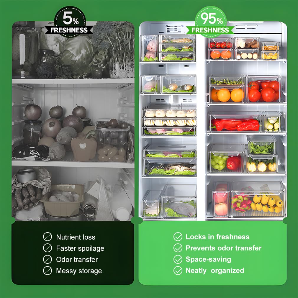 10 Stück kühlschrank Organizer, Stapelbare Fridge Organizer mit Deckel, Space Savers Aufbewahrungsbox Kühlschrank, Kühlschrank Organizer küche für Lebensmittel, Obst und Gemüse Aufbewahrung