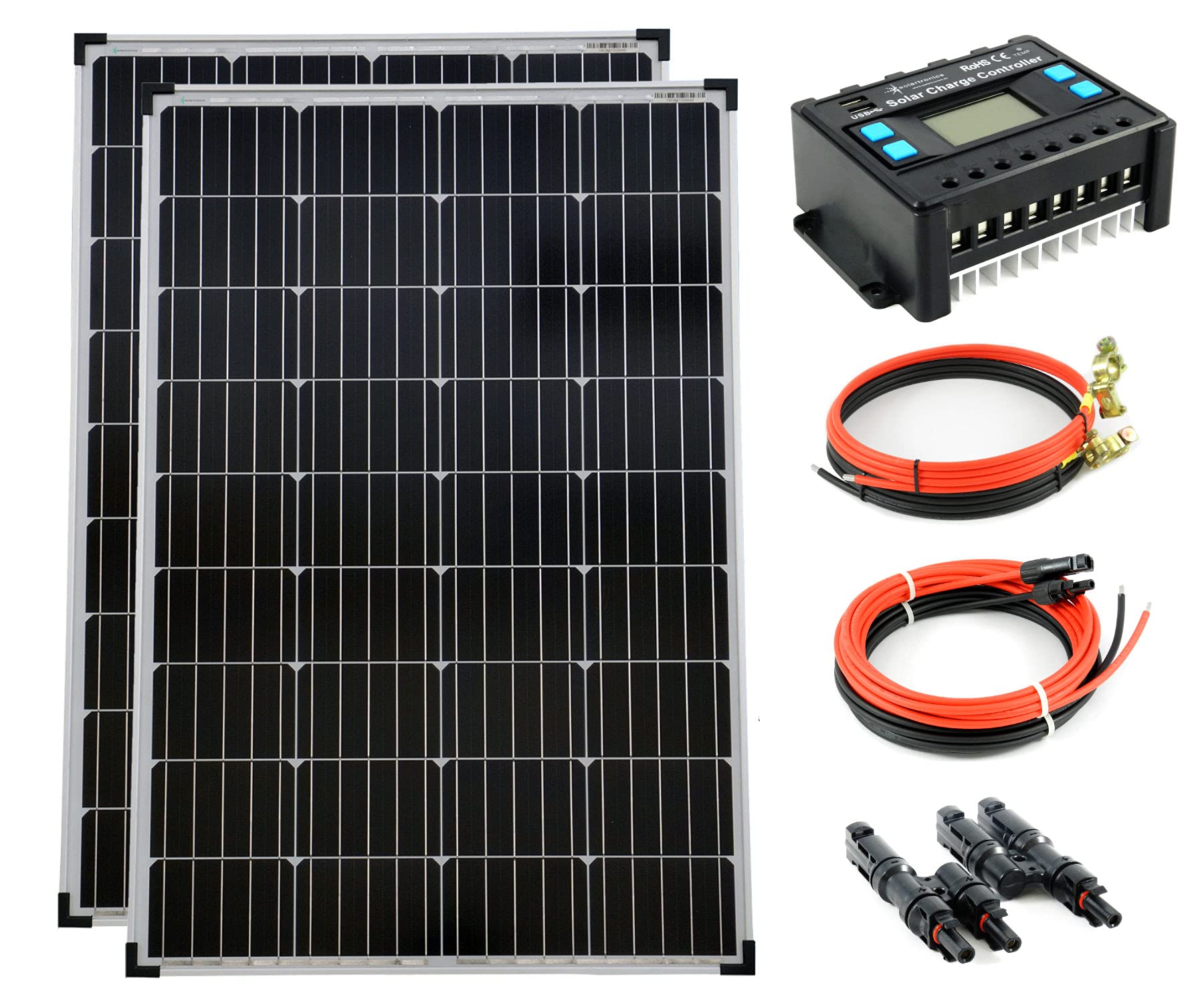 SOLARTRONICS Inselanlage Komplettset: 2x 100W monokristalline Solarmodul + 20A Laderegler + PV Kabel + Solar Y-Stecker