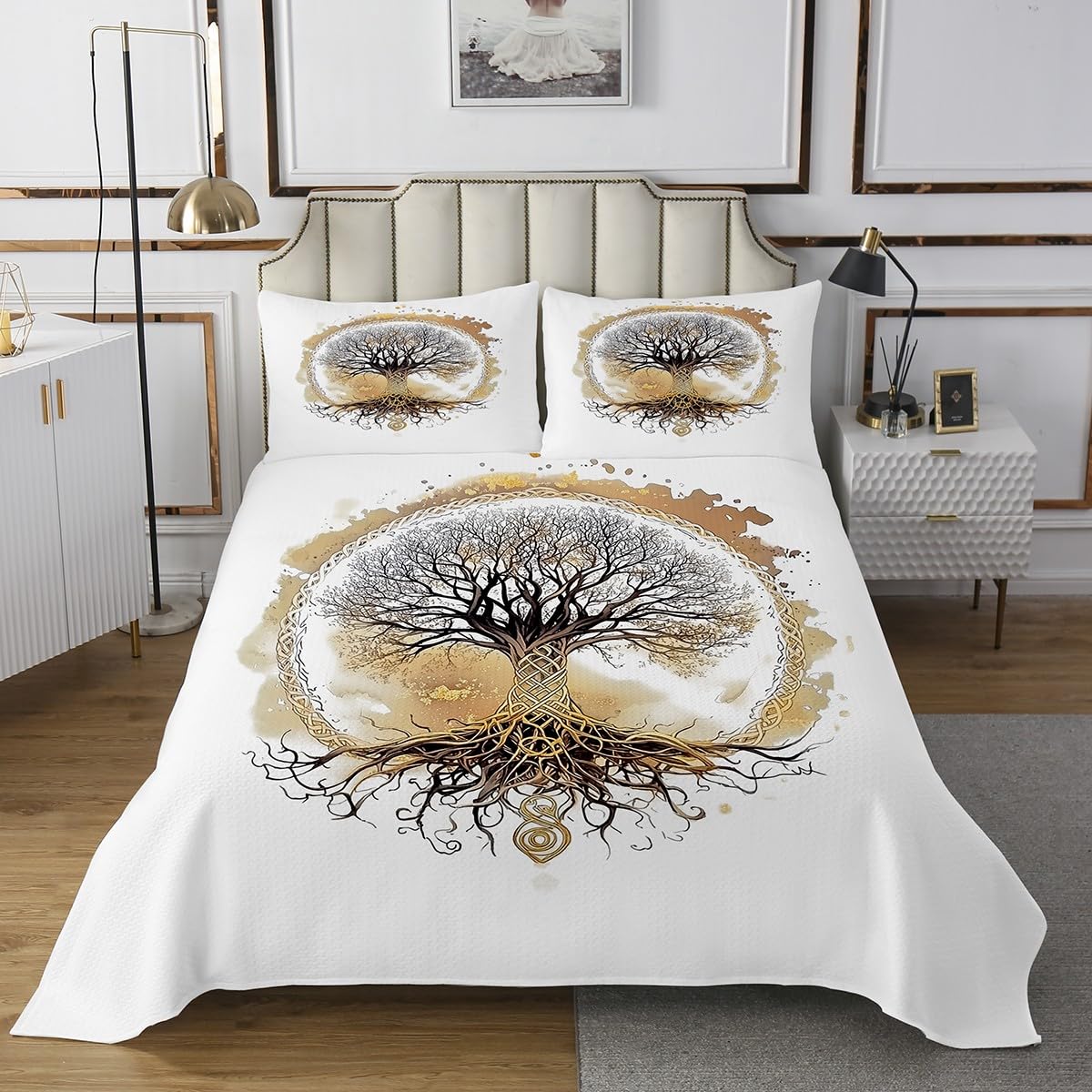 Homemissing Kinder Baum des Lebens Tagesdecke 170x210cm Baumzweige Muster Bettüberwurf für Kinder Jungen Mädchen Schlafzimmer Dekor Natur Thema Wohndecke Gold Weiß