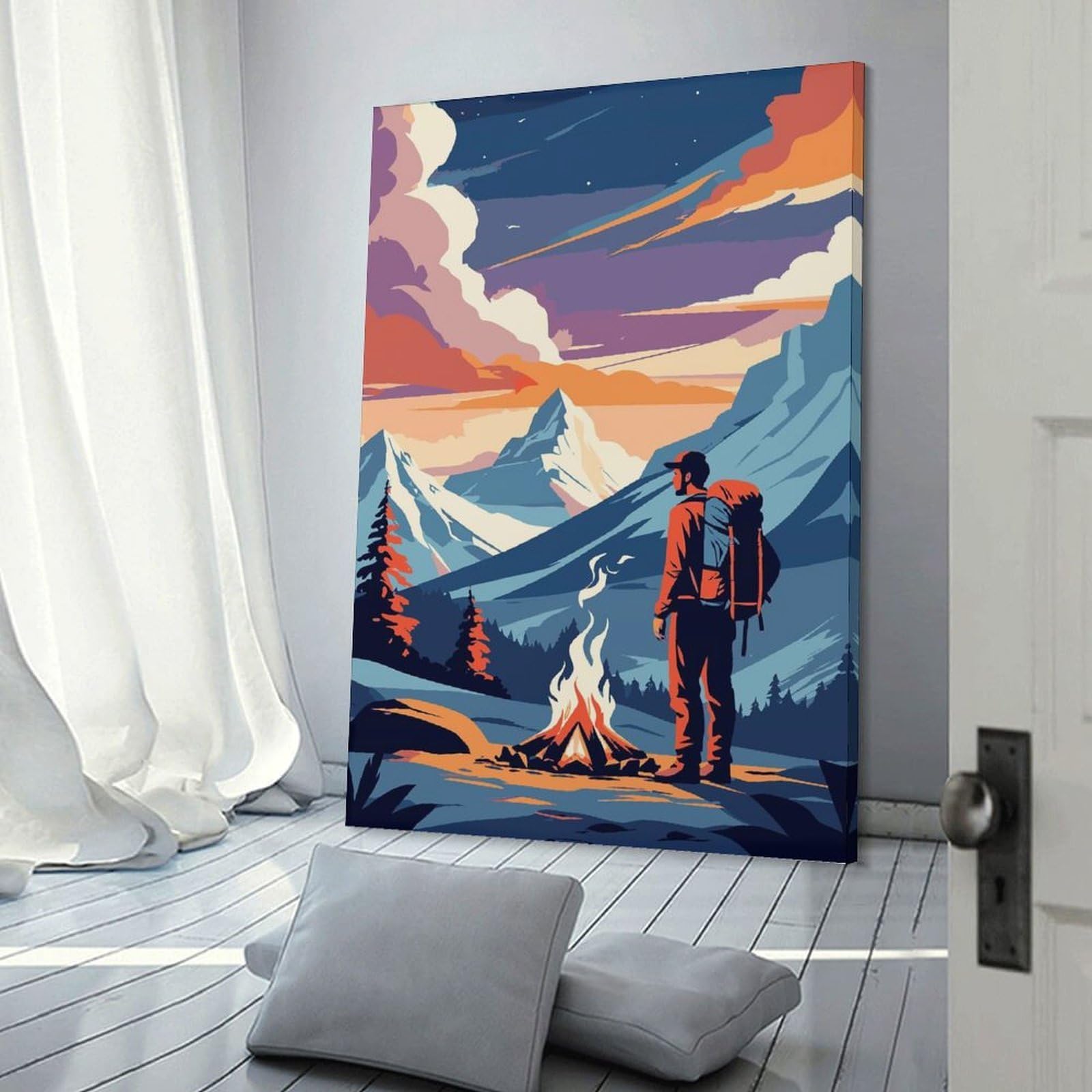 Junmoney Hiker by Campfire Mountain Landscape Art Canvas Art Print, 08x12inch(20x30cm), for Wall Displays, Bedrooms Or Room Updates, Home Wall Art for Statement Displays