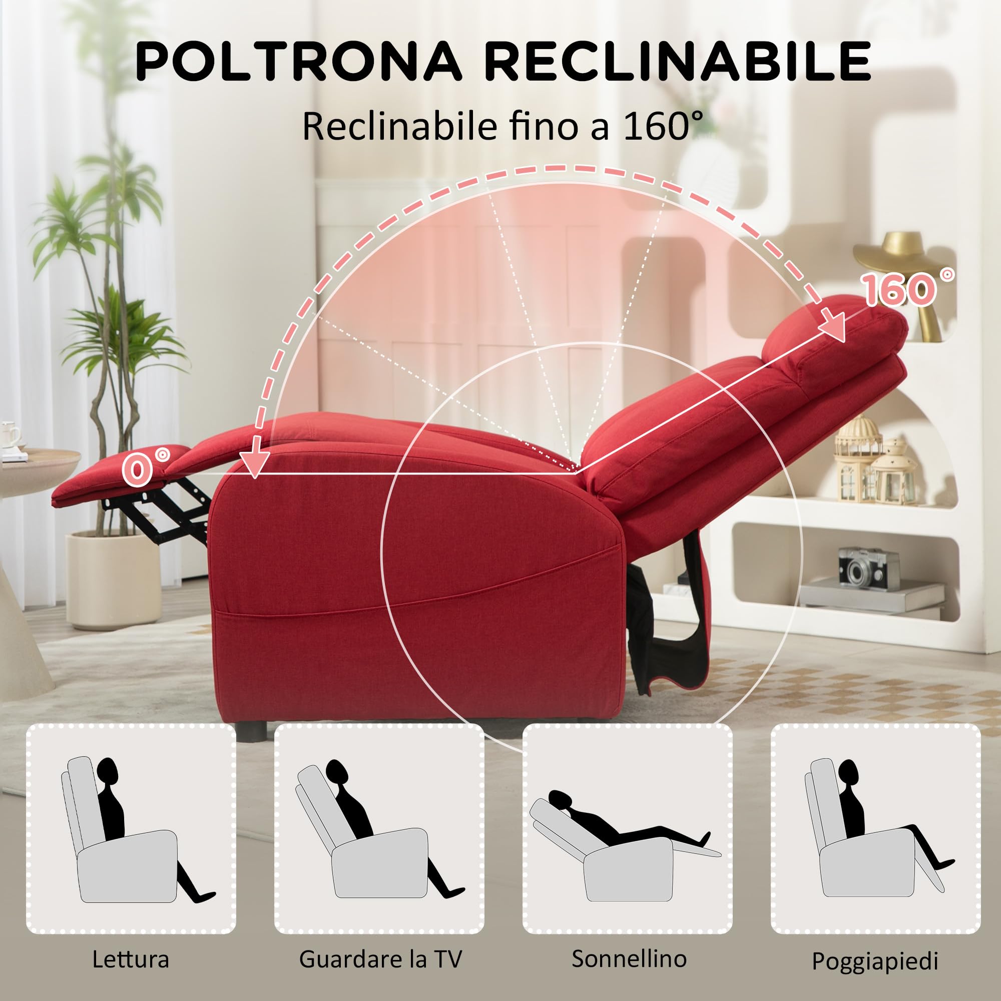 HOMCOM Poltrona Relax Reclinabile Manuale con Poggiapiedi, Poltrona Reclinabile in Tessuto Effetto Lino per Camera da Letto, Salotto e Soggiorno, Rosso