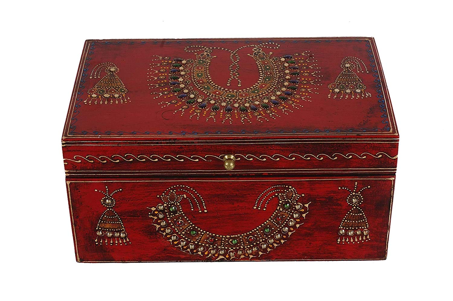 Creative Corner Handicraft Wooden Jewelry Box with Stone Detailing, Traditional Rajasthani Design, Decorative Storage for Women, Versatile Accessory Organizer for Girls (Red)