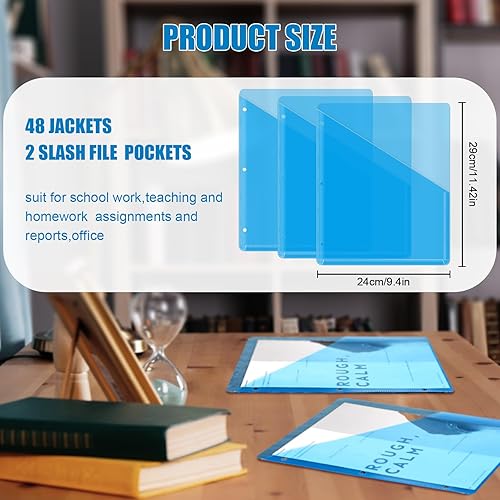 Miniatura 2 de Seajan 48 carpetas de 3 agujeros perforadas con 3 anillas, fundas de plástico transparente de polietileno translúcido, bolsillos organizadores para