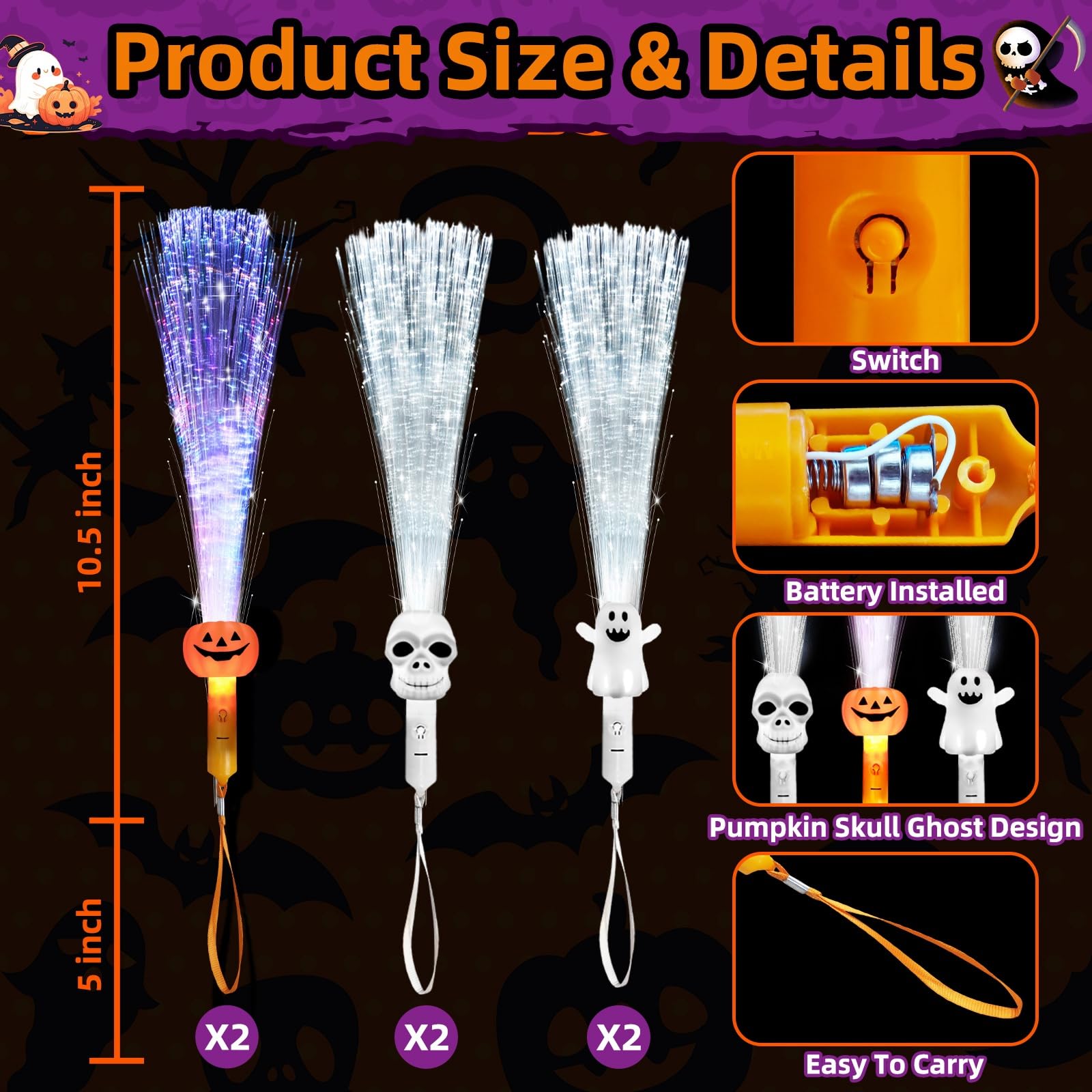 6 Pack Halloween Fiber Optic Wand, Glow in The Dark Sticks LED Light up Wand Bulk with 3 Design Pumpkin Skull Ghost Glow Toys for Kids Adults Halloween Party Decorations Favors Supplies Gifts