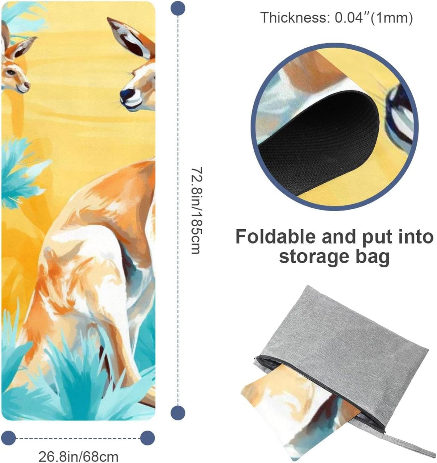 Yoga Towel, Kangaroo Pattern Non Slip Sweat Absorbent Hot Yoga Mat Towel for Hot Yoga, Pilates and Fitness - 72.8" x 26.8"