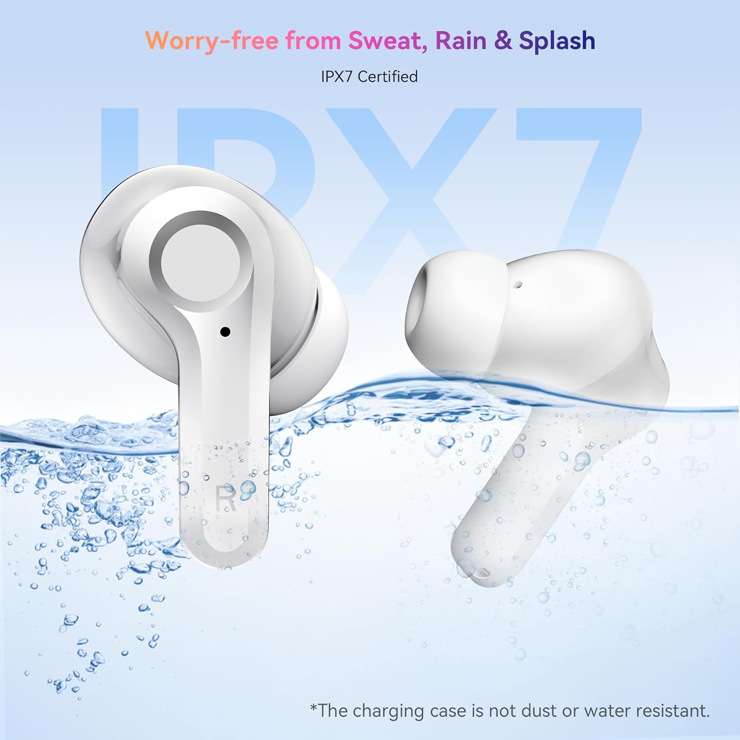 OSCAL Hibuds 6 earbuds partially submerged in water, illustrating their IPX7 water resistance.