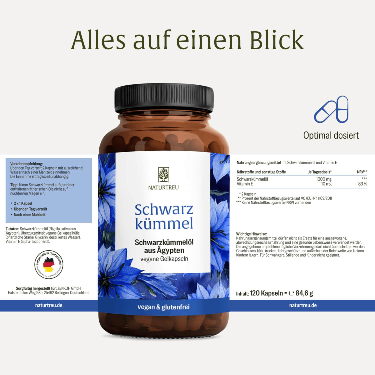 NATURTREU® Schwarzkümmelöl Kapseln hochdosiert mit Vitamin E - 1000mg pro Tag - Schwarzkümmel Öl kaltgepresst aus Ägypten - 120 vegane Gelkapseln Schwarzkümmelöl (Black Seed Oil)
