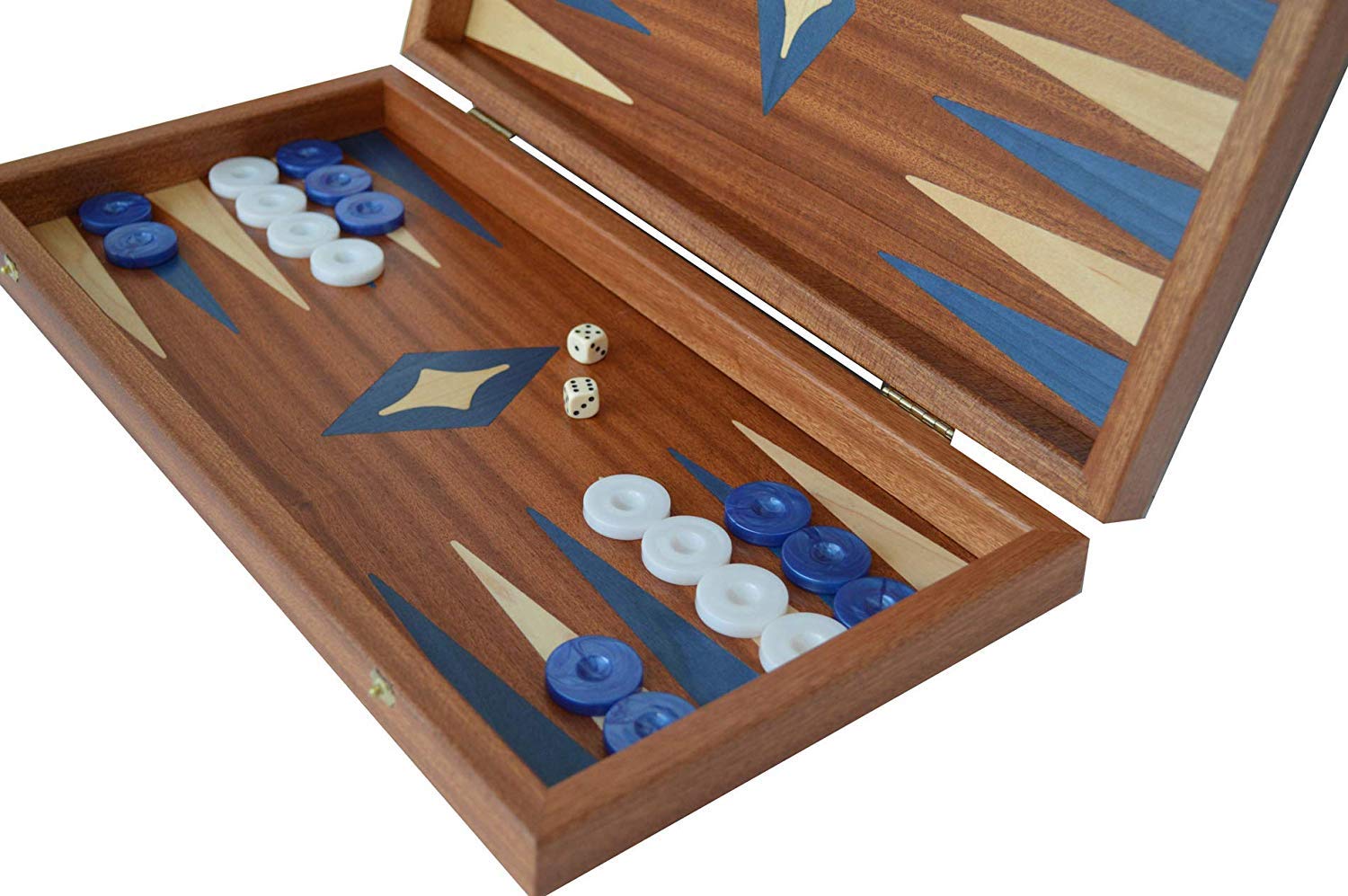 Manopoulos Traditional 15" Mahogany Backgammon Set - Blue White Checkers