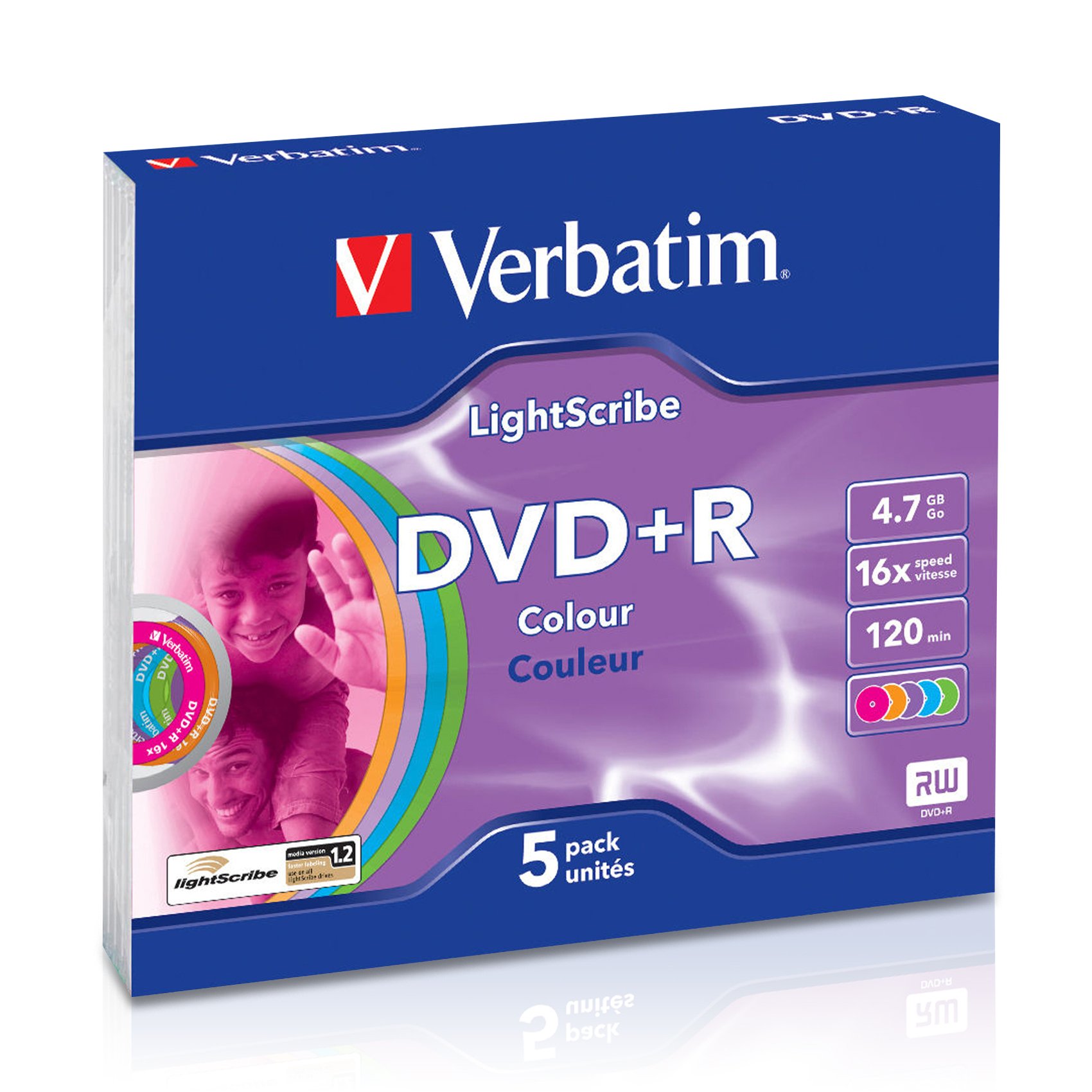 Verbatim DVD+R 4.7Gb, 16x, Lightscribe, Pack 5, Colour, 43658, recordable, blank