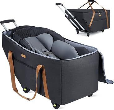 Toddler Car Seat Travel Bag with Wheels Chicco KeyFit 30, Nuna Pipa, UPPAbaby MESA, Airplane Padded Car Seat Bag, Gate Check Bag with Side Pocket, Removable Cover for Air Travel, Black