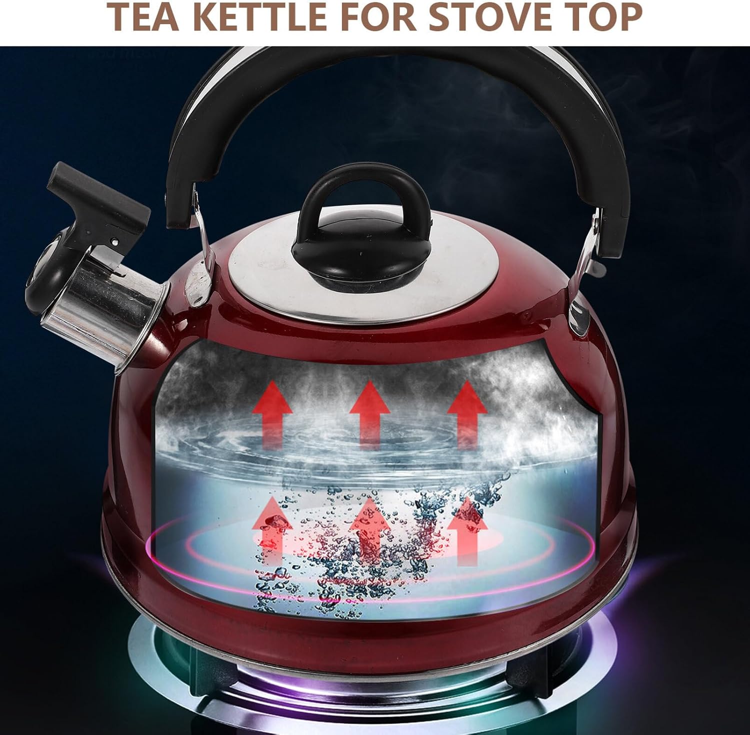 Alipis Whistling Tea Kettle for Stove Top, Stainless Steel Teakettle Floral 3L Tea Pots Coffee Pot with Cool Ergonomic Handle Water Boiler For Camping Fast Heating Red