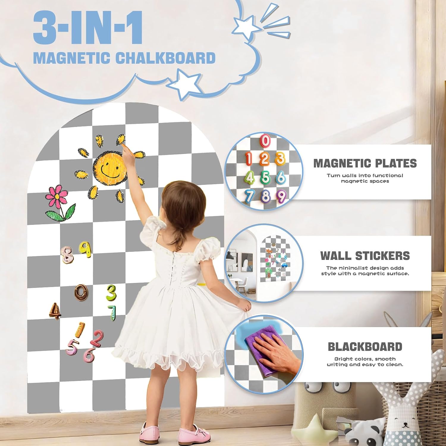 Magnetic Chalkboard Wall Decal 24''x40'' Arch - Removable Reusable Peel and Stick (No Wall Damage) Extra Strong Magnetism - Easy Clean Chalkboard for Home Office Playroom (Grey White Checker)