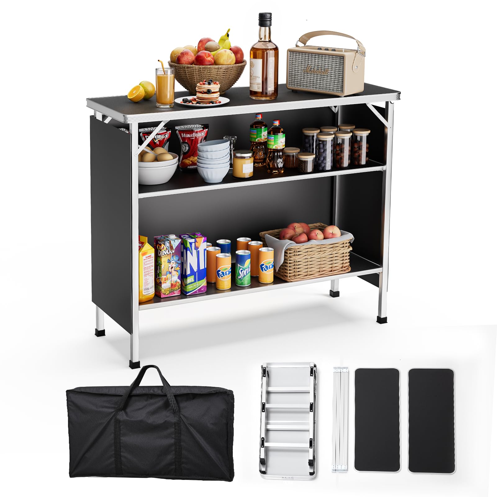 Warmiehomy Folding Camping Table with 2-Tier Shelves, Portable Camping Kitchen Unit Picnic Table with Removable Cloth Cover for Garden Camping, Black,99x39x89cm
