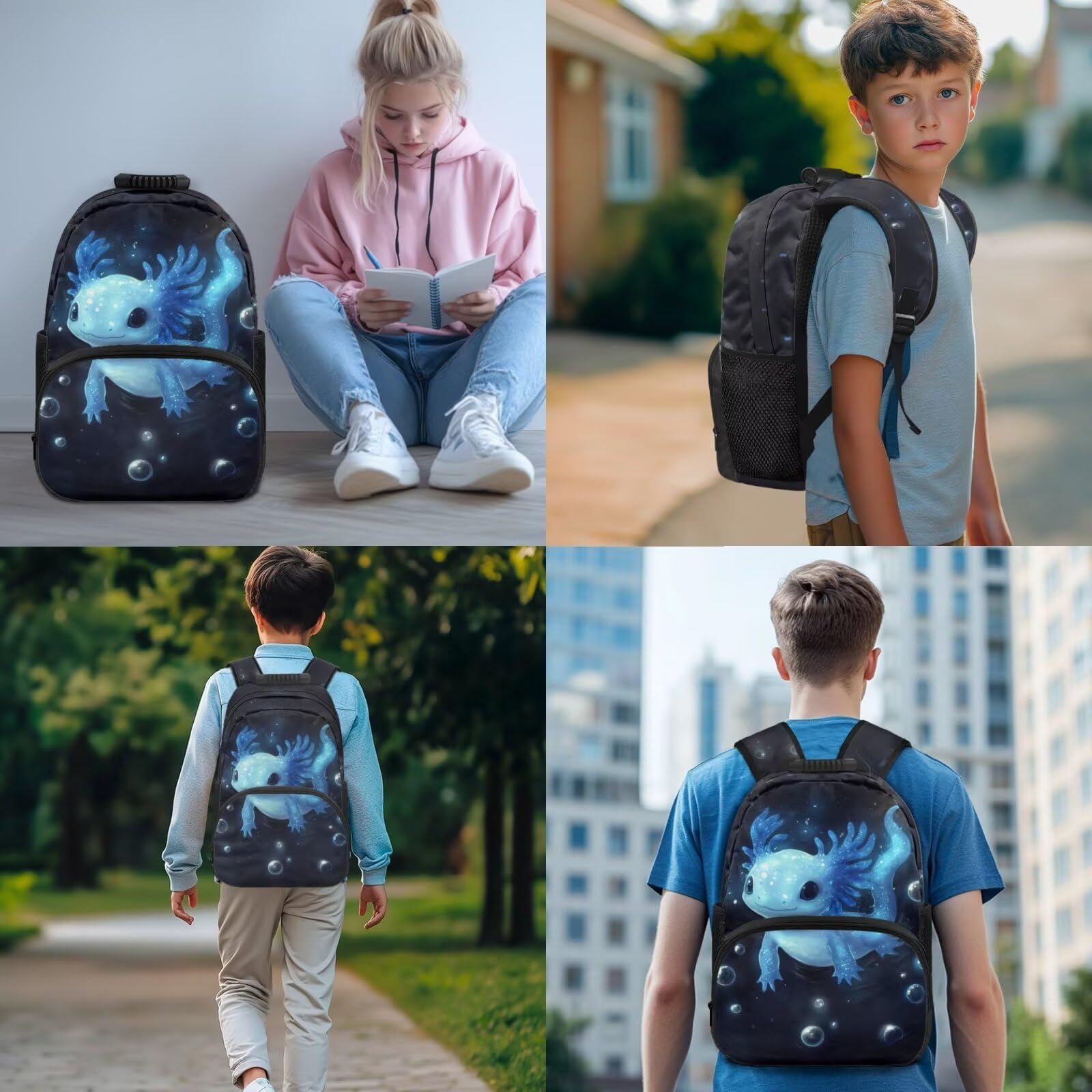 HUGS IDEA Zaino per ragazze con portapranzo 4 in 1 43,2 cm carino e leggero borsa per libro scolastico astuccio portachiavi, Glow Axolotl